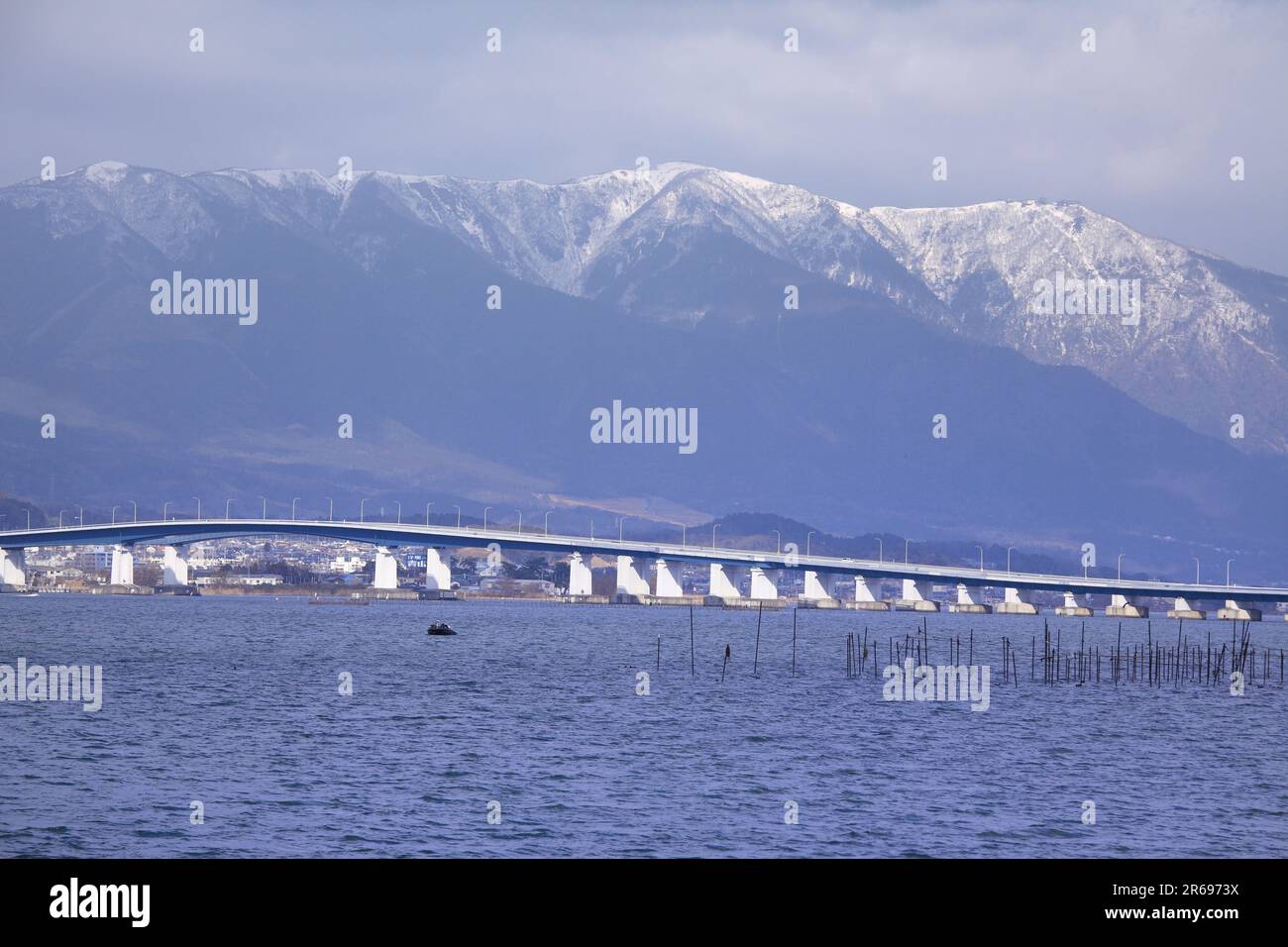 Lake Biwa Bridge and snowy Hira Mountains Stock Photo - Alamy