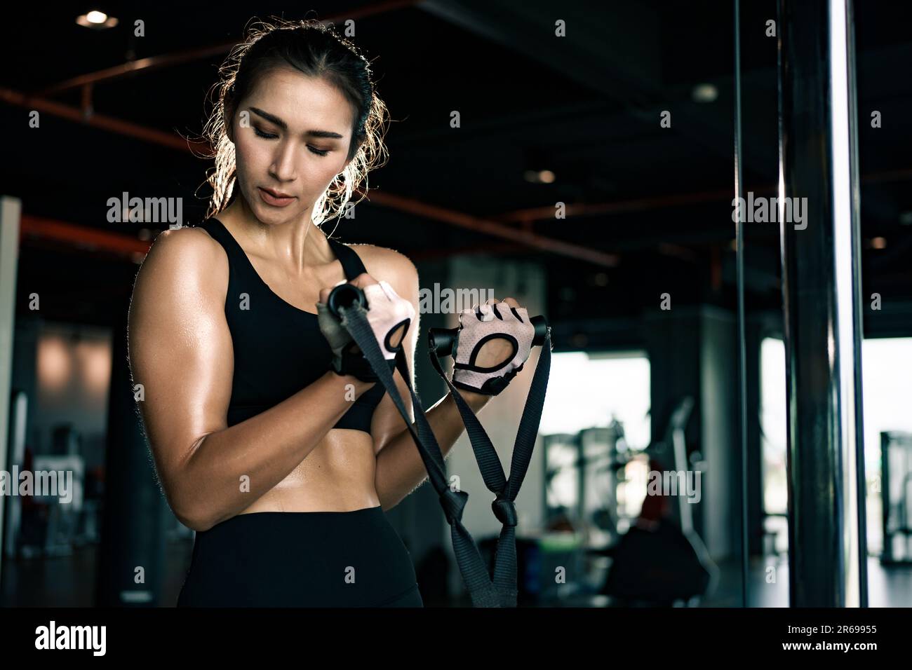 strong girl in the gym pumping her arms and back muscles on the exercise  machine. 17624379 Stock Photo at Vecteezy