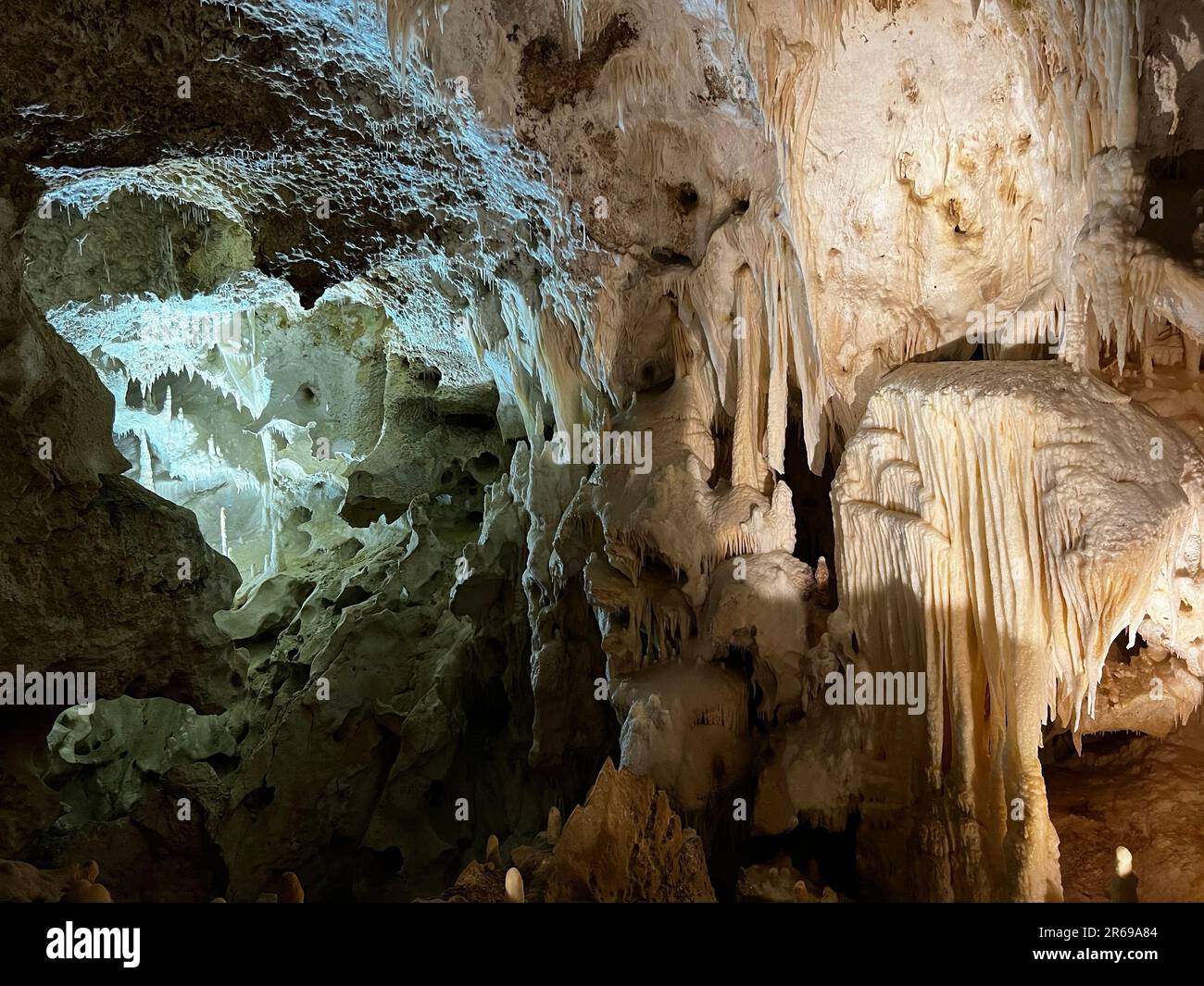 Grotte di Frasassi Karst Cave with Stalactites and Stalagmites in Genga, Marche, Italy. Limestone Formations, Natural Beauty Landscape Stock Photo