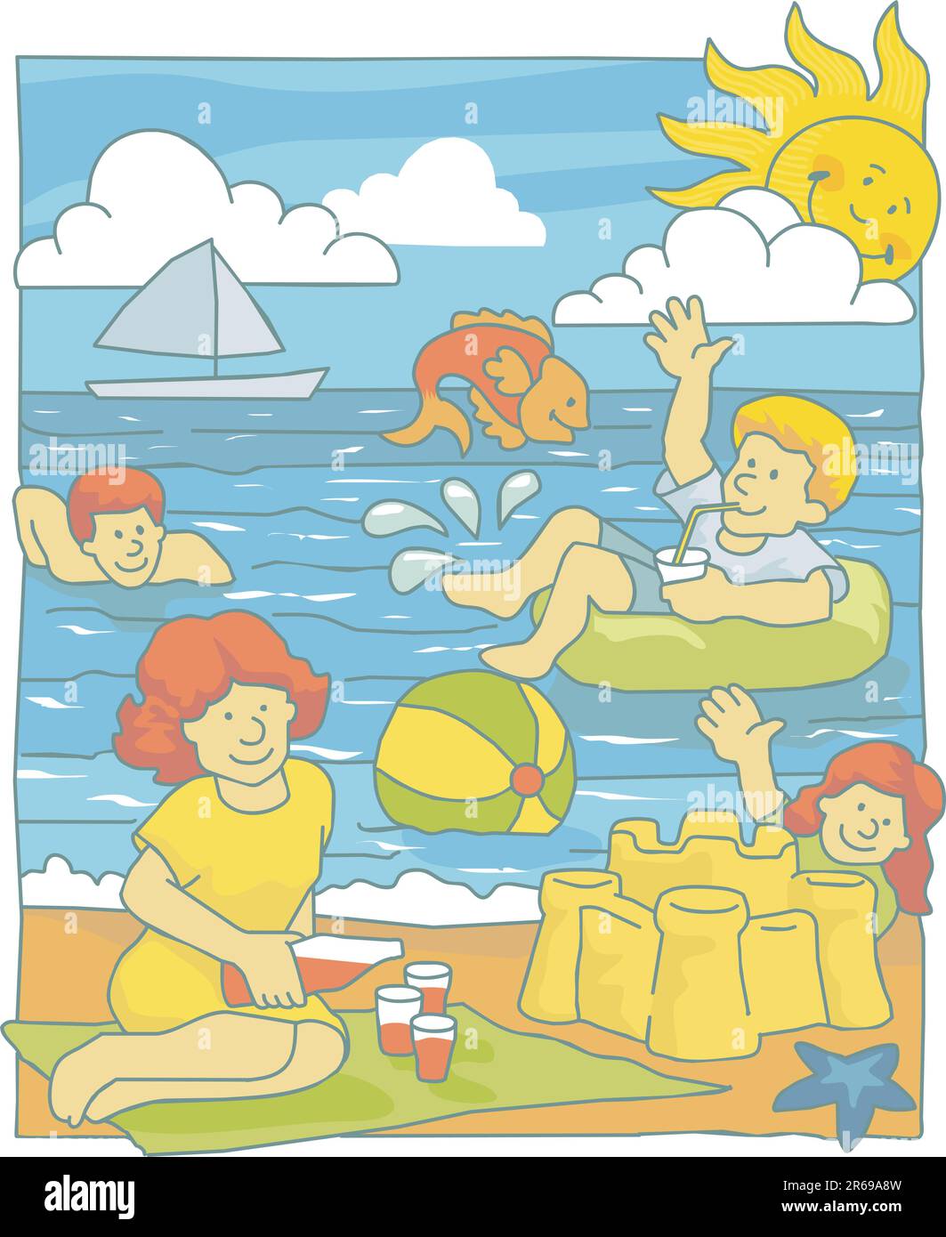 Illustration of a family having fun at the beach Stock Vector