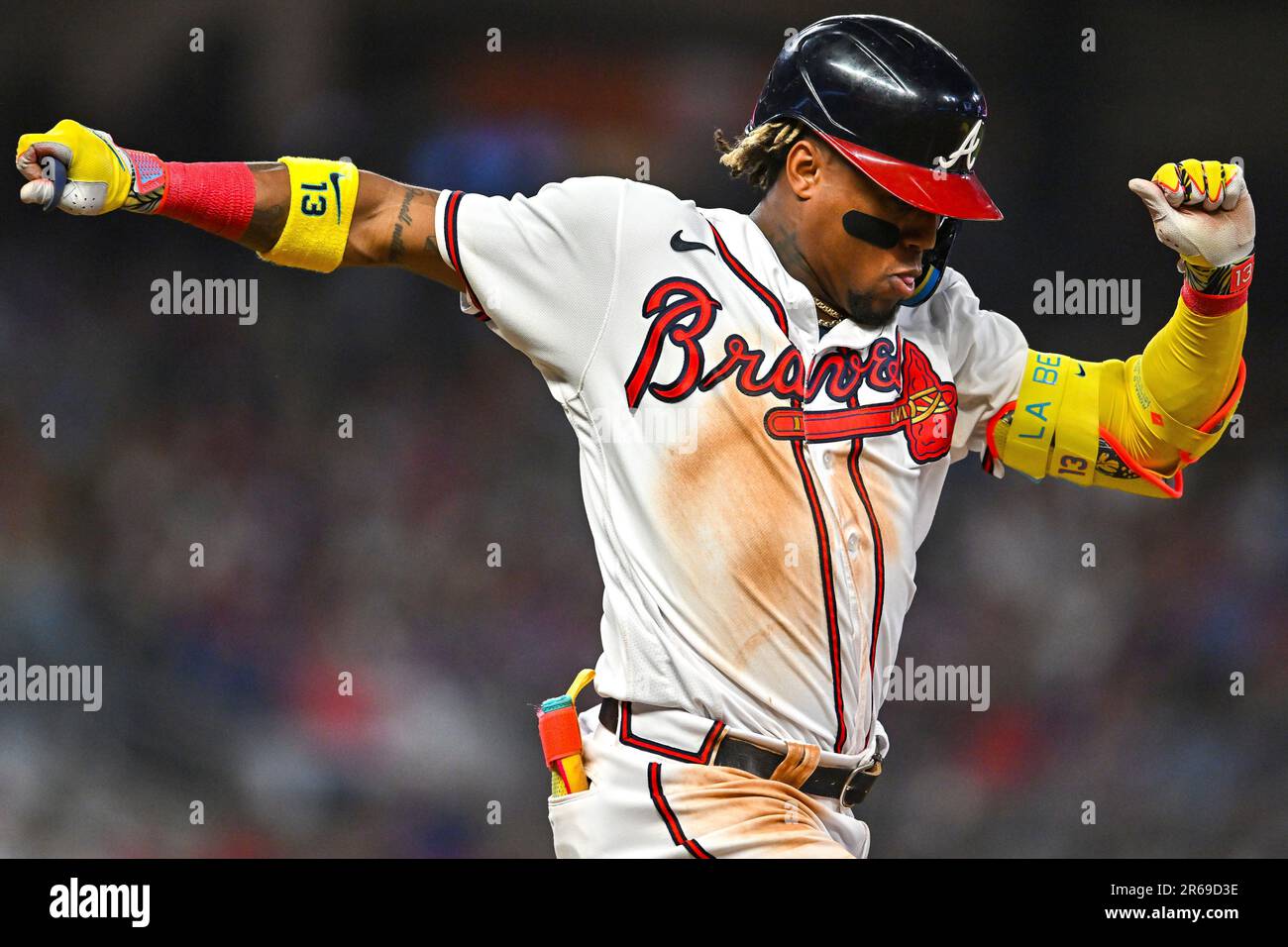 ATLANTA, GA - JULY 13: Atlanta Braves right fielder Ronald Acuna Jr. (13)  looks on during an MLB game against the New York Mets on July 13, 2022 at  Truist Park in