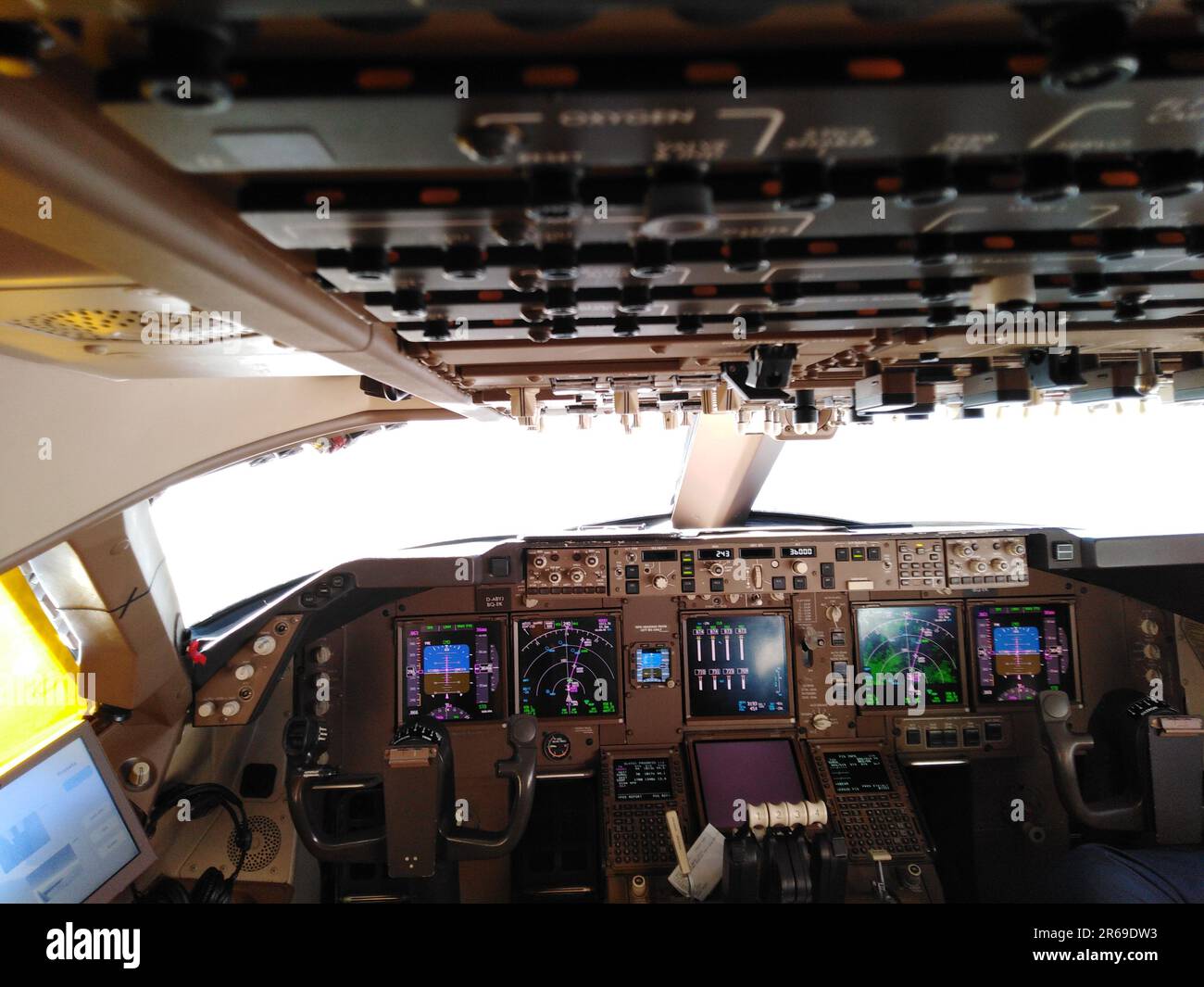 The inside of the modern Boeing B747-8i Cockpit Stock Photo