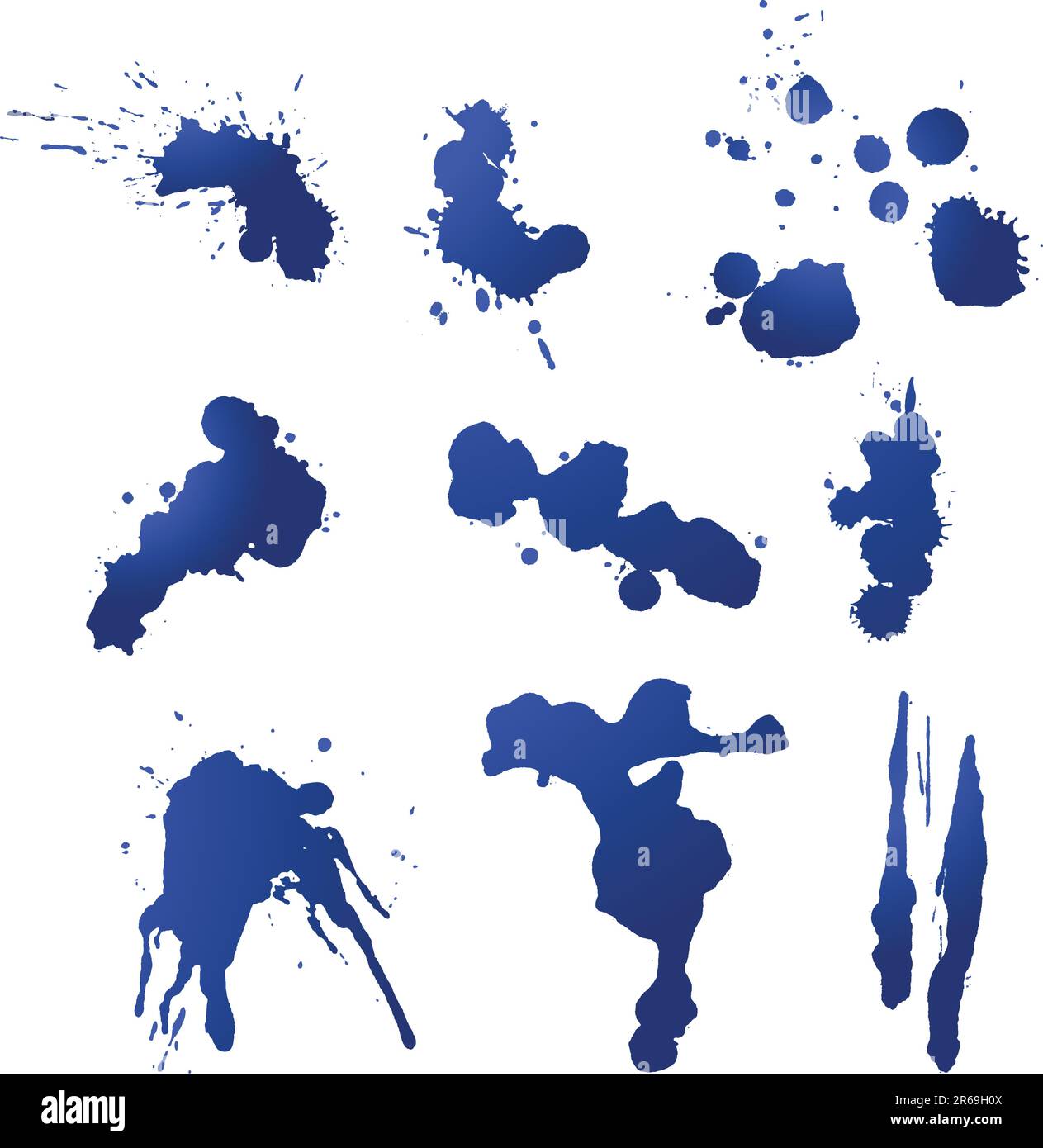 Nine individual layers of ink splatters. Each splatter entirely adjustable for color fill or gradient. Stock Vector