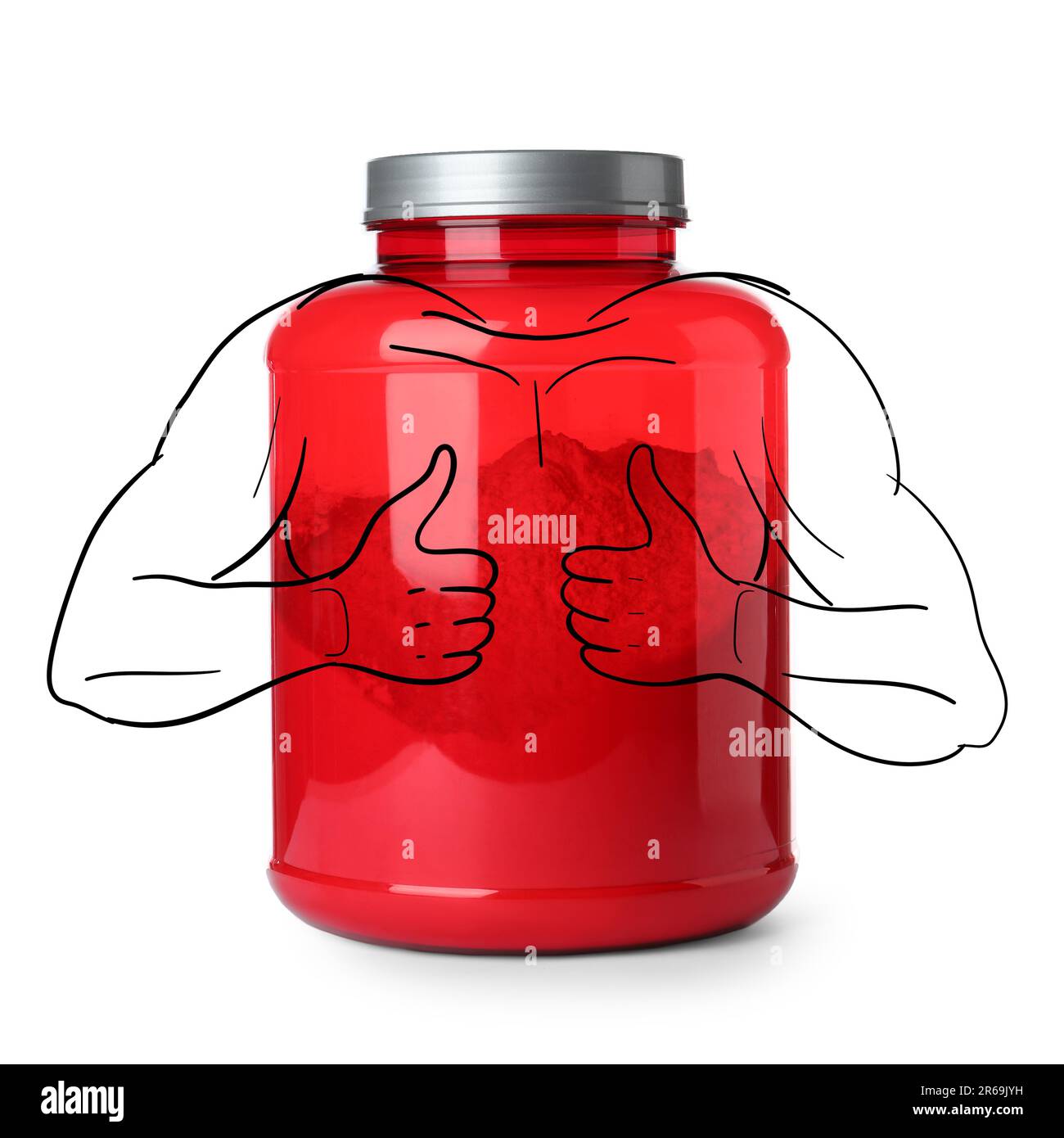 https://c8.alamy.com/comp/2R69JYH/red-jar-of-protein-powder-with-illustration-of-bodybuilder-showing-thumbs-up-gesture-on-white-background-2R69JYH.jpg