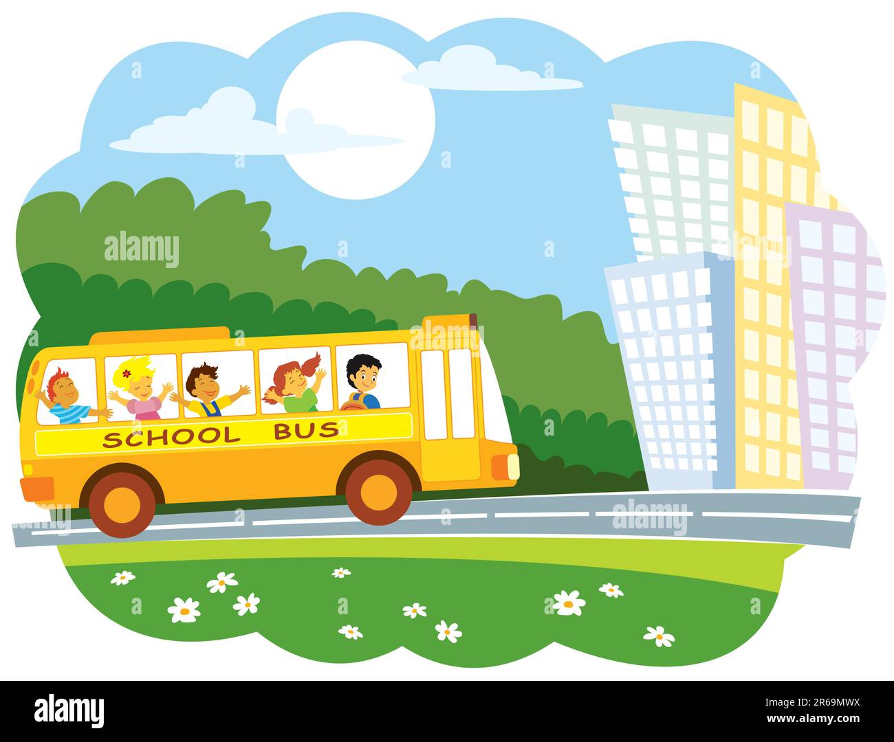 School bus with a group of school pupils going to the town Stock Vector