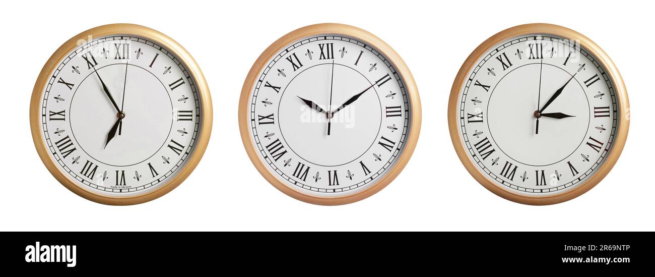 Stylish clock showing different time on white background, collage