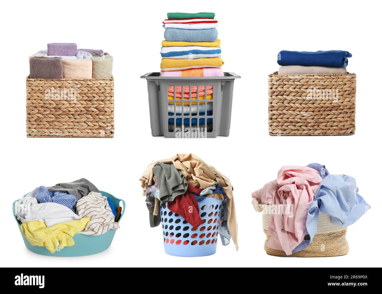 Set with different laundry baskets full of clothes and towels on white