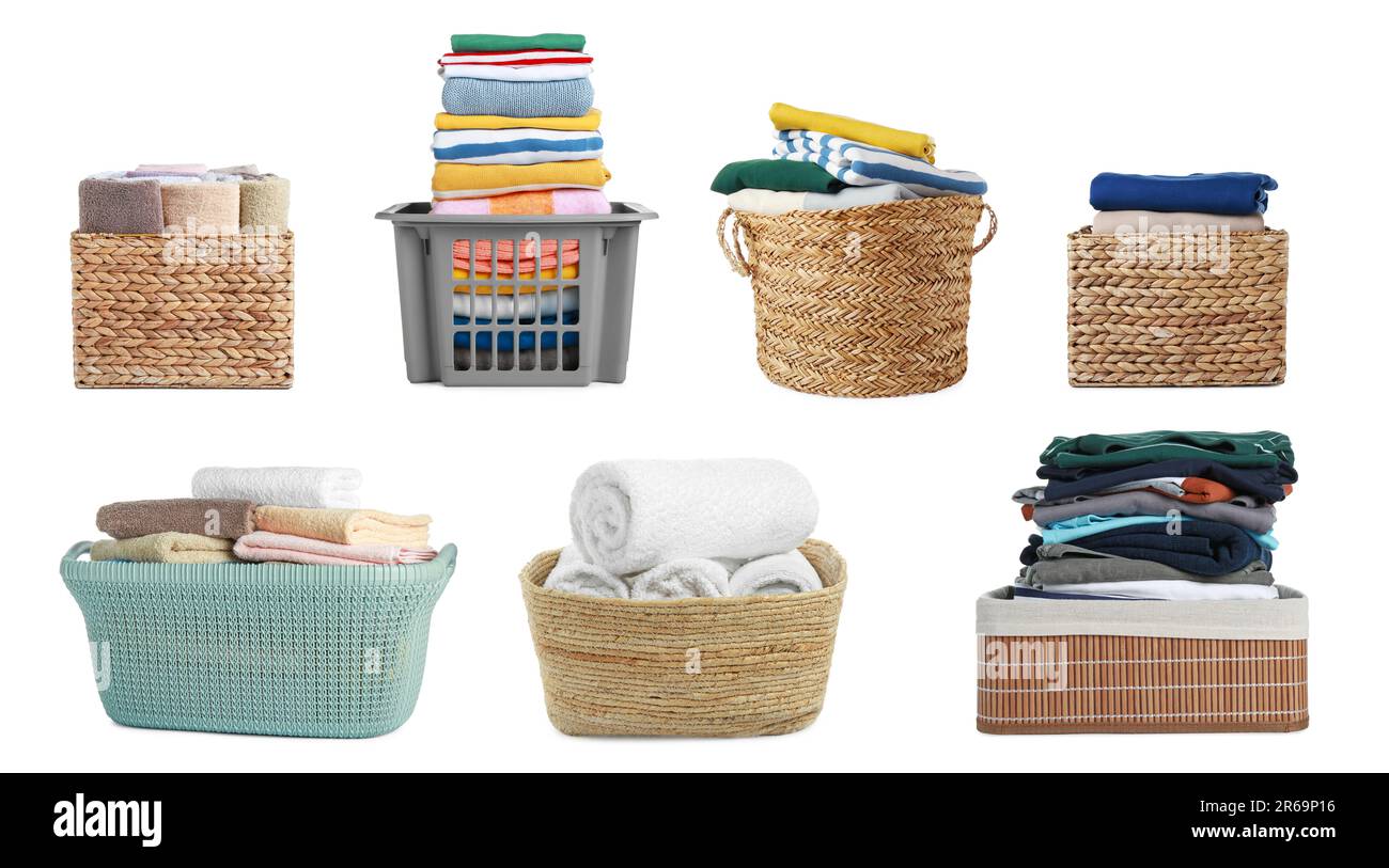 Set with different laundry baskets full of clothes and towels on white