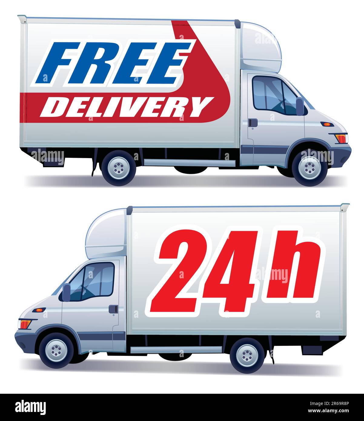 White commercial vehicle delivery truck with a sign free delivery