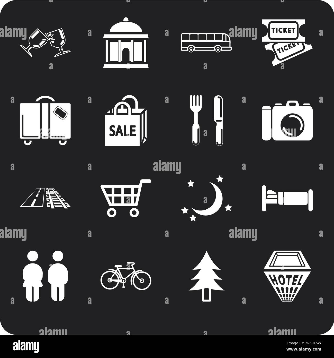 Icon set relating to city or location information for tourist web sites or maps etc. Includes icons for Restaurants, Lodging, Attractions, Shopping... Stock Vector