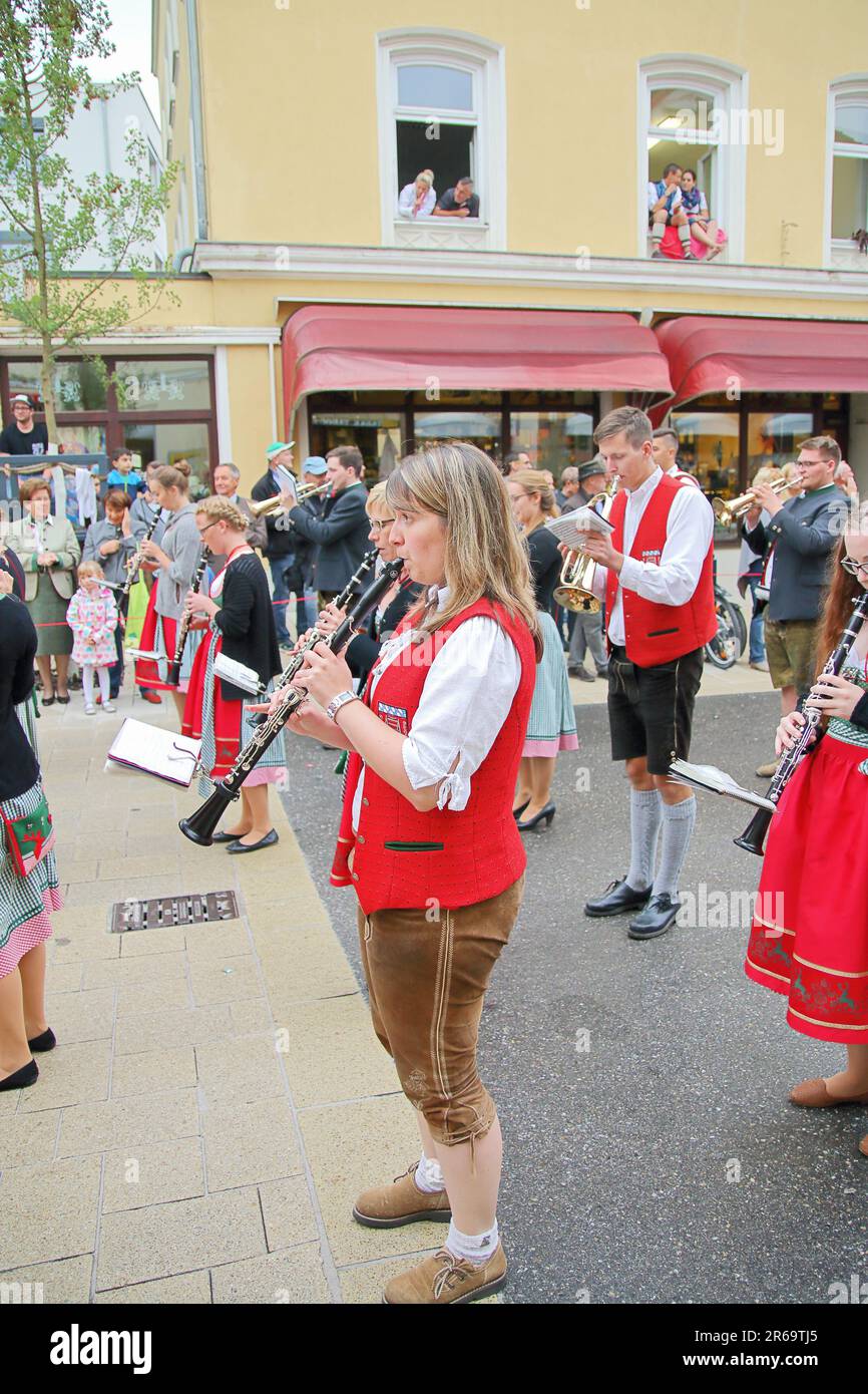 Straubing, Germany - August 12, 2016. The photo shows participants in a street orchestra at a ceremony in honor of the opening of a beer festival in S Stock Photo