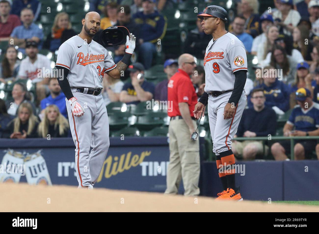 MILWAUKEE, WI - JUNE 07: Baltimore Orioles left fielder Aaron Hicks (34)  tosses his helmet after getting called out during a game between the  Milwaukee Brewers and the Baltimore Orioles on June