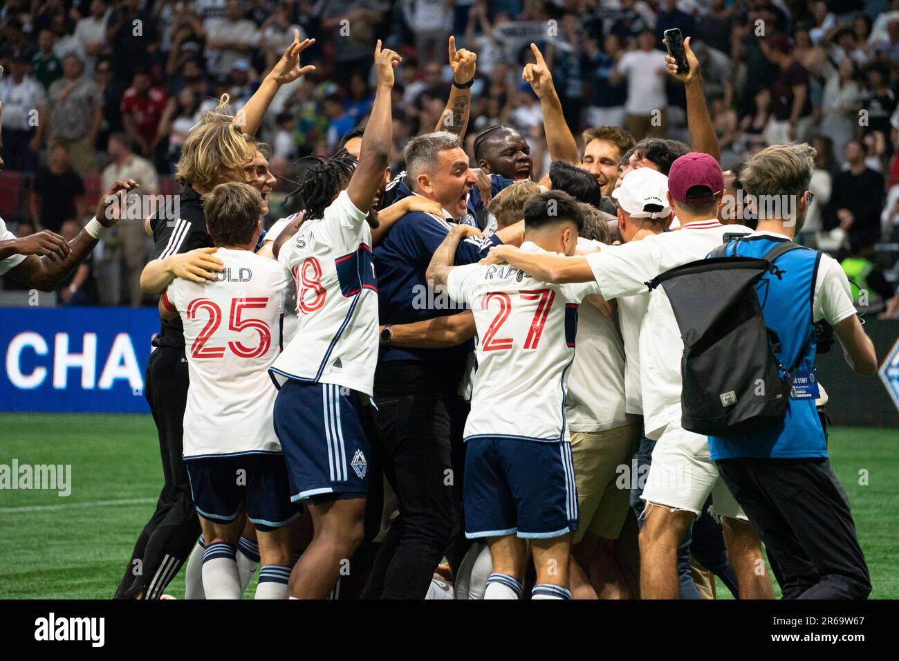 Vancouver, Canada. 07th June, 2023. Vancouver, British Columbia, Canada, June 7th 2023: Vancouver Whitecaps FC players celebrate winning the Voyageurs Cup after the Major League Soccer Canadian Championship Final match between Vancouver Whitecaps FC and CF Montreal at BC Place Stadium in Vancouver, British Columbia, Canada (EDITORIAL USAGE ONLY). (Amy Elle/SPP) Credit: SPP Sport Press Photo. /Alamy Live News Stock Photo