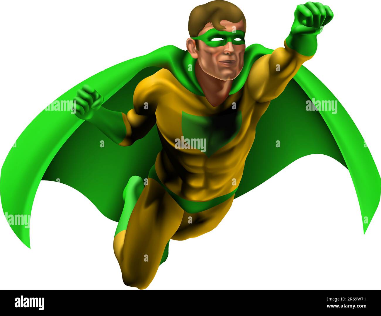 Illustration of an amazing superhero dressed in yellow and green costume with cape flying through the air Stock Vector