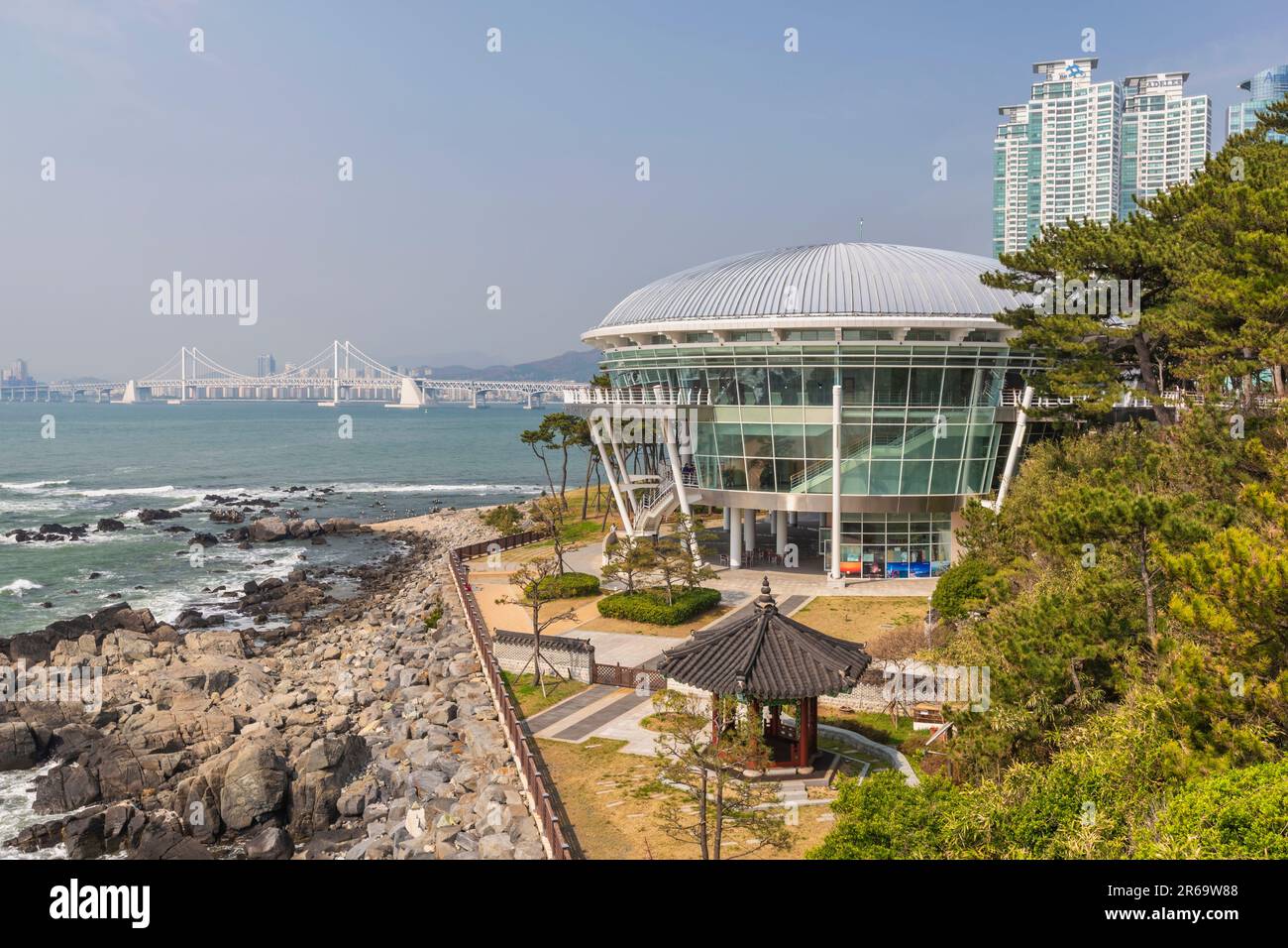 Busan, South Korea - March 29, 2016 : city skyline at Nurimaru APEC House and Busan Marina Stock Photo