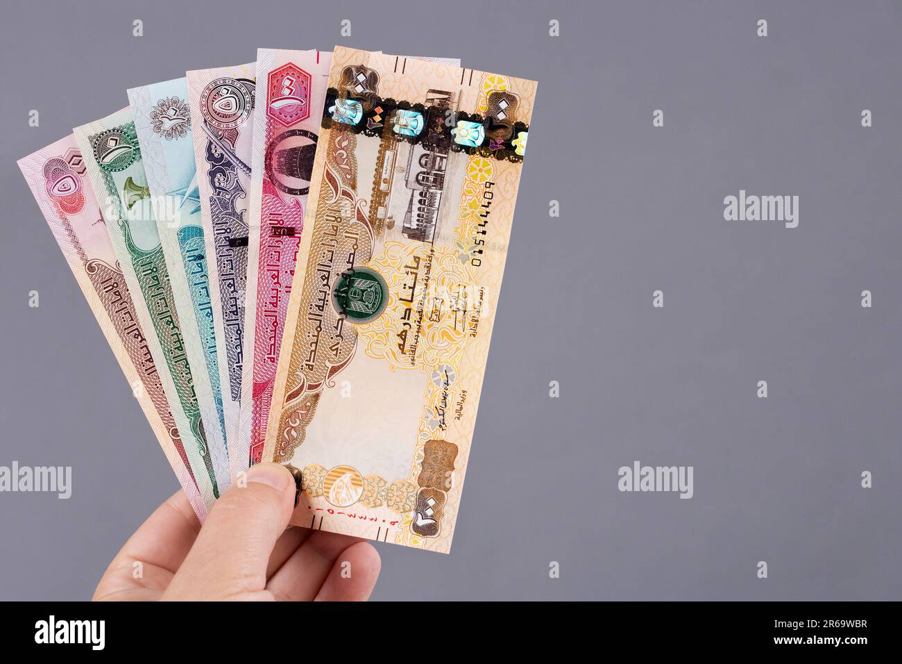 United Arab Emirates money - dirham in the hand on a gray background ...