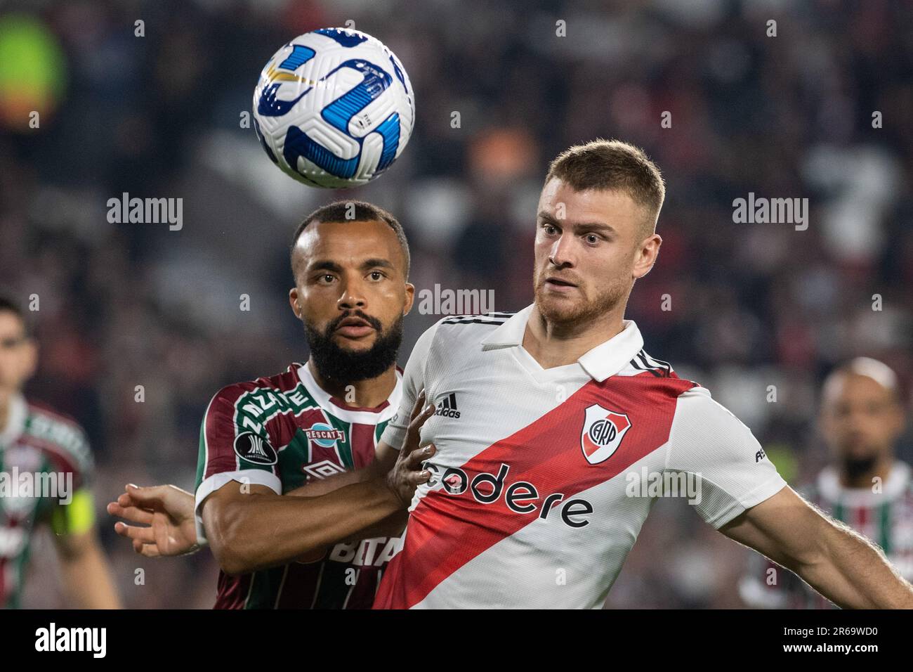 Buenos Aires, Argentina. 07th June, 2023. Lucas Beltran (R) of River Plate and whit Samuel Xavier (L) of Fluminense seen in action during a Copa CONMEBOL Libertadores 2023 group D match between River Plate and Fluminense at Estadio Mas Monumental Antonio Vespucio Liberti. Final score: River Plate 2:0 Fluminense Credit: SOPA Images Limited/Alamy Live News Stock Photo