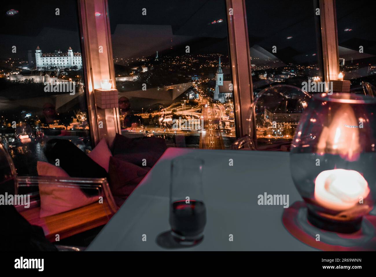 Dinner with a View at the UFO Restaurant - Bratislava, Slovakia Stock Photo