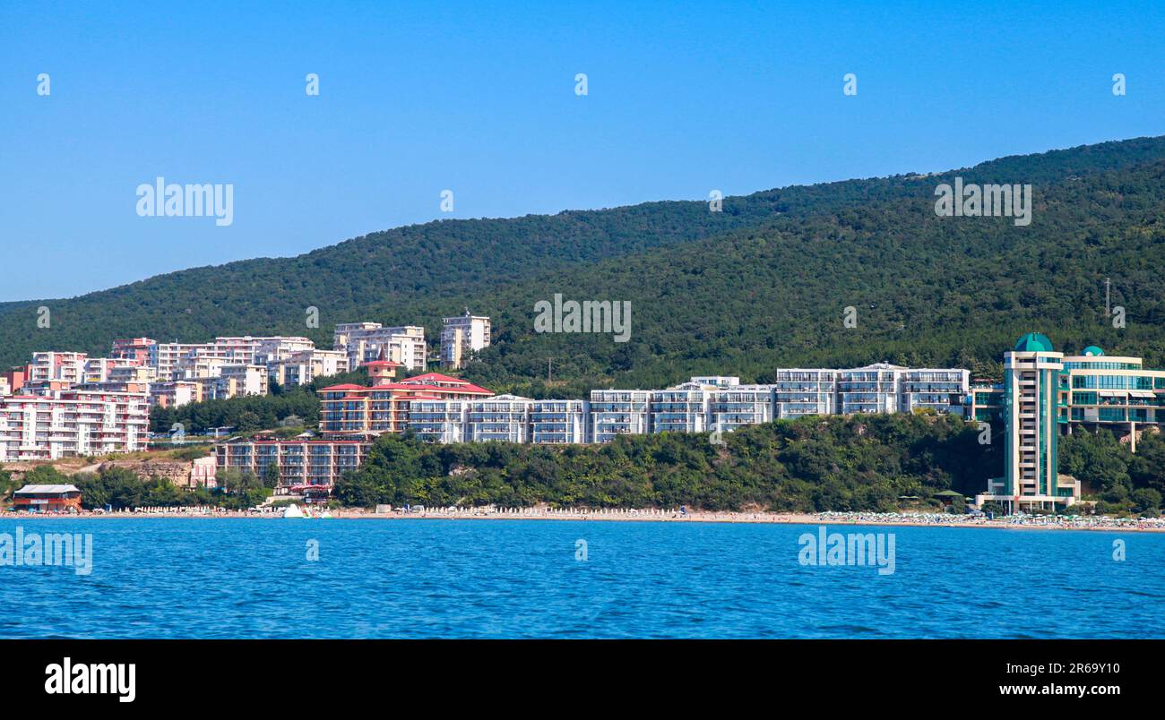Panoramic view of Sunny beach, seaside resort on the Black Sea coast of Bulgaria Stock Photo