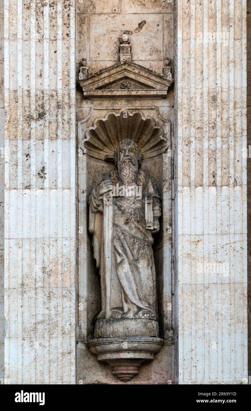 Niche statue of Saint Michael in frontage of cathedral church, Merida