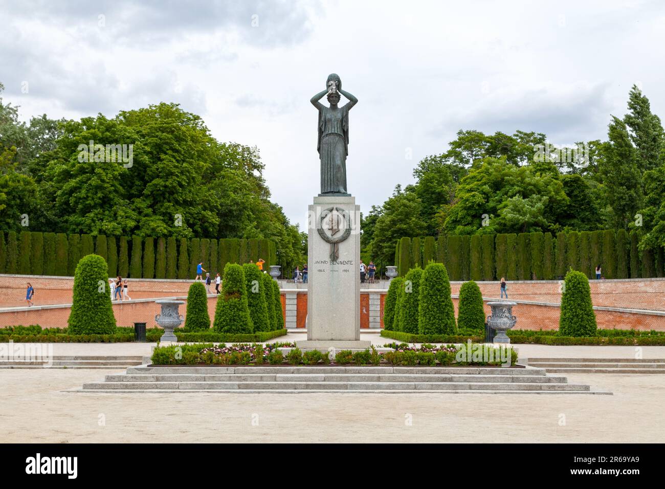 Madrid, Spain - June 07 2018: The Monument to Jacinto Benavente is a monument located in Buen Retiro Park. It is the work of sculptor Victorio Macho. Stock Photo