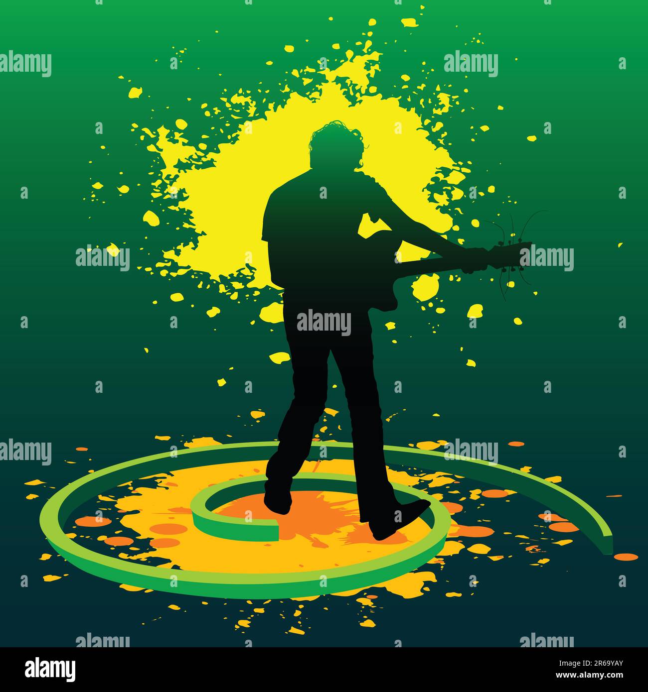 silhouette of a guitarist playing guitar in splashed paints Stock Vector