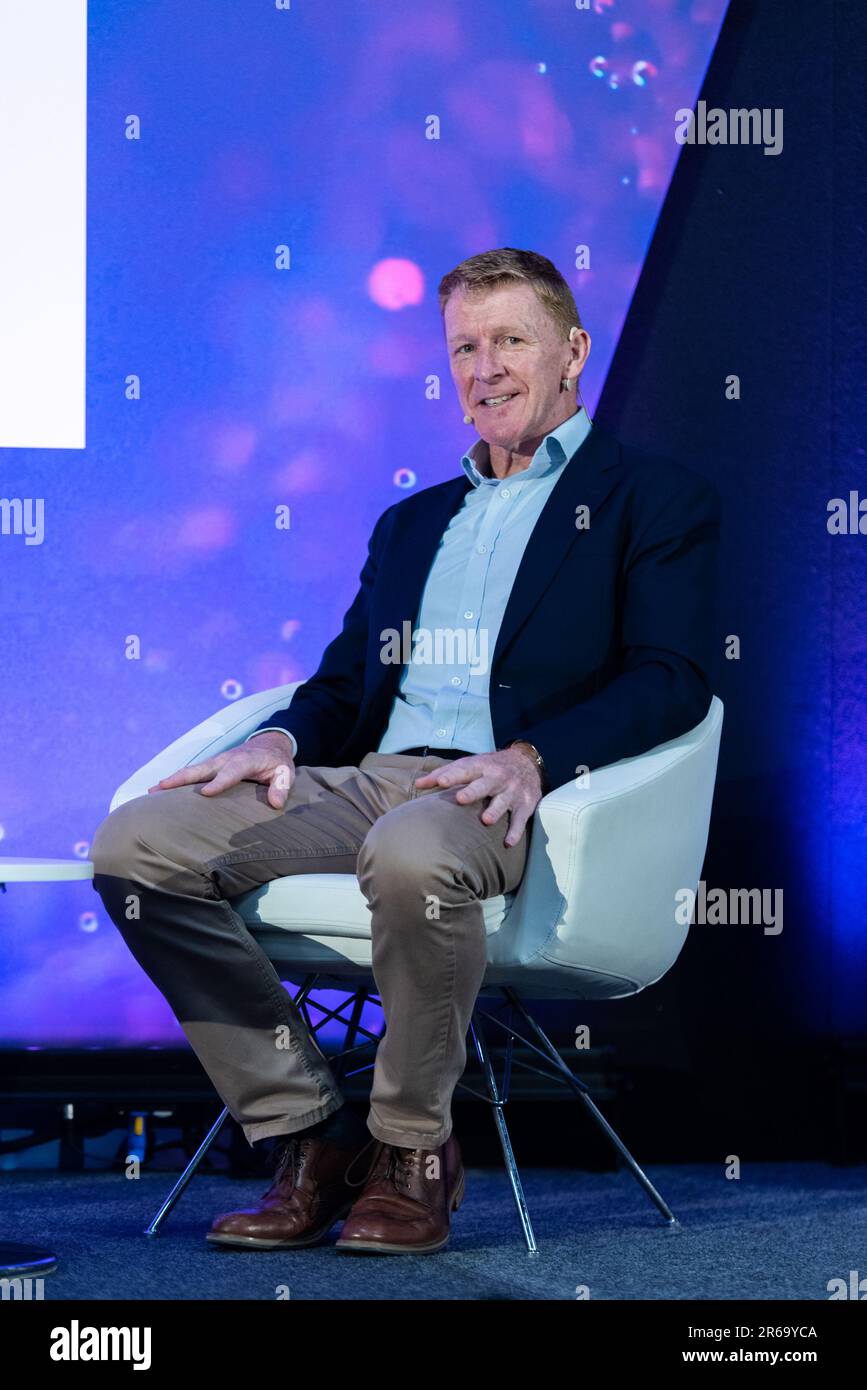 Astronaut Tim Peake speaking at Space-Comm Expo 2023 space technology event in the Farnborough International Exhibition & Conference Centre Stock Photo