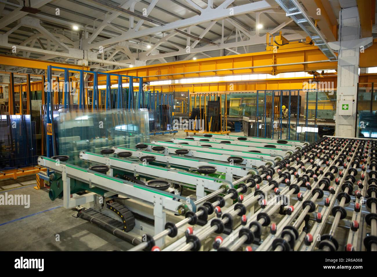 A manufacturing environment producing PVC windows in a factory Stock Photo