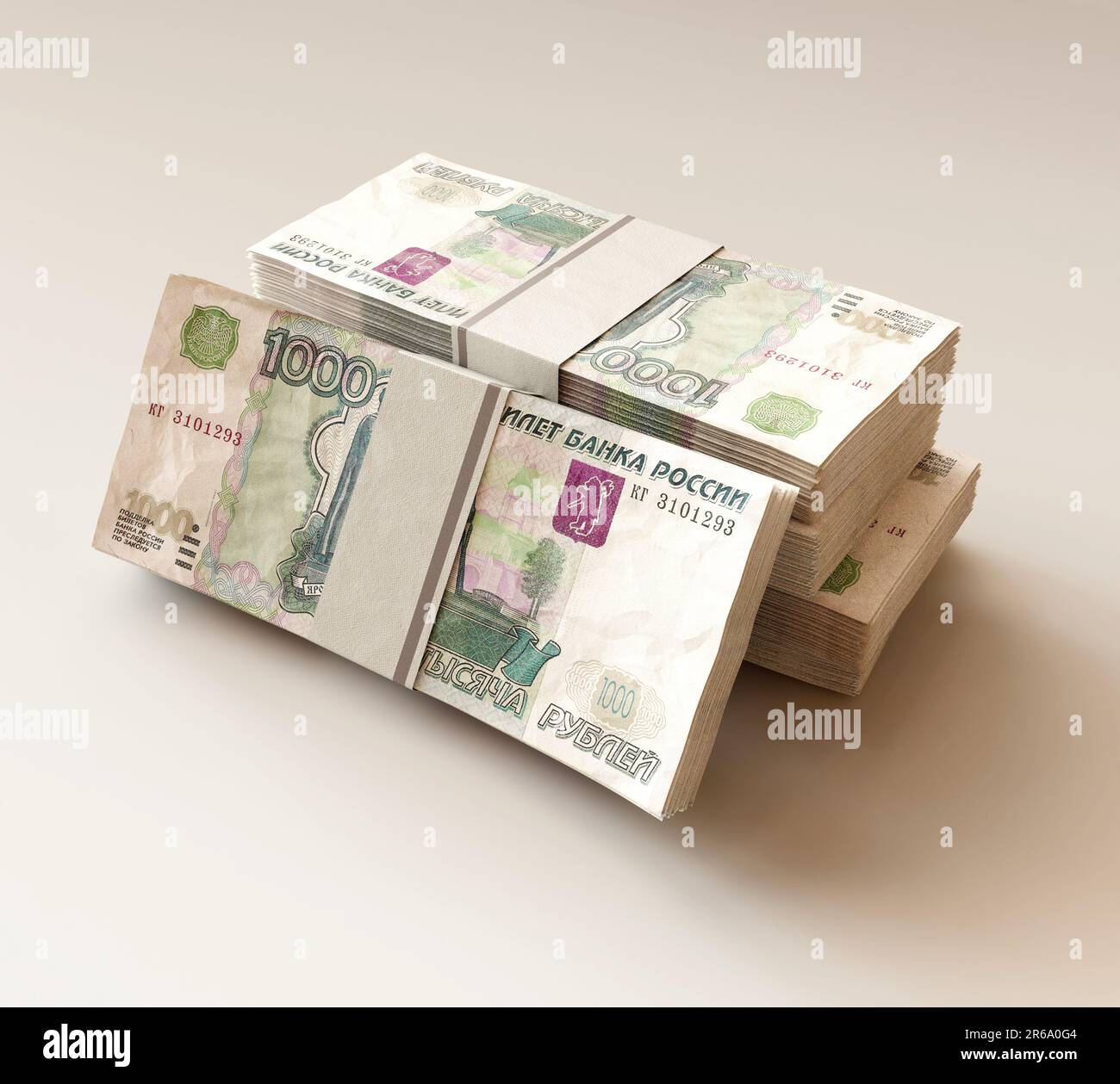 A stack of bundled russian ruble banknotes on an isolated light ...