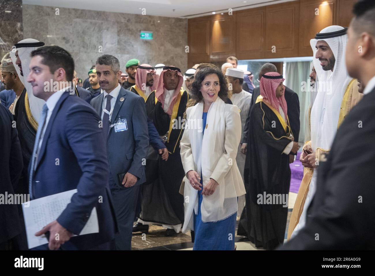 Riyad, Saudi Arabia. 08th June, 2023. Foreign minister Hadja Lahbib (C) pictured during a ministerial meeting of the 'Global Coalition against Daesh' (IS), in Riyad, Saudi-Arabia, Thursday 08 June 2023. Belgium is one of the key-members of this coalition. BELGA PHOTO NICOLAS MAETERLINCK Credit: Belga News Agency/Alamy Live News Stock Photo