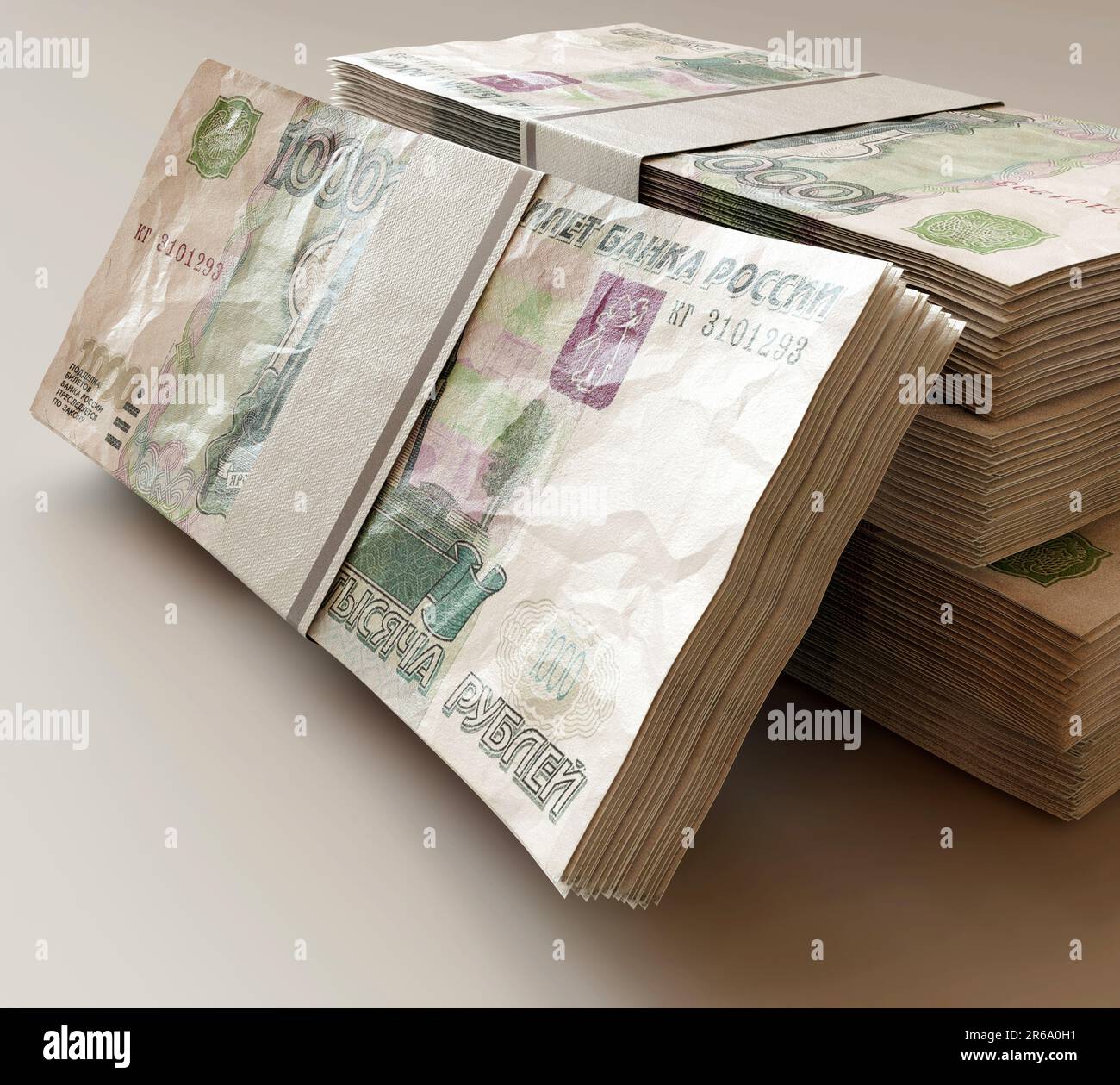 A stack of bundled russian ruble banknotes on an isolated light ...
