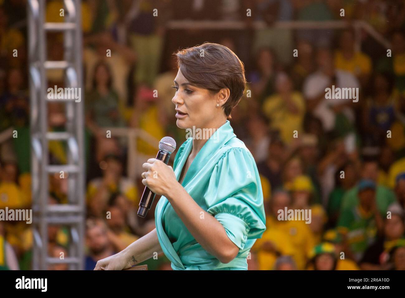The Michelle Bolsonaro stands on stage during the official campaign launch for re-election Stock Photo