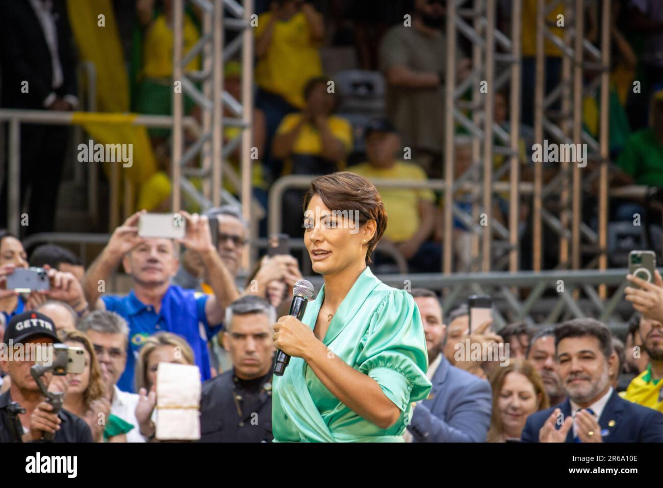 The Michelle Bolsonaro stands on stage during the official campaign launch for re-election Stock Photo