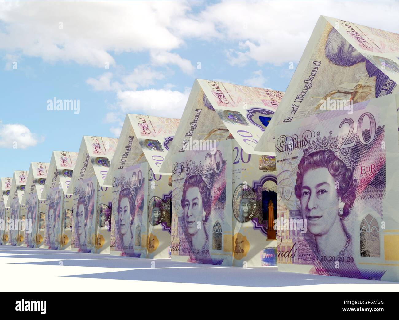 A concept of pound bank notes folded into the shape of a mass of simple houses on an isolated background - 3D render Stock Photo