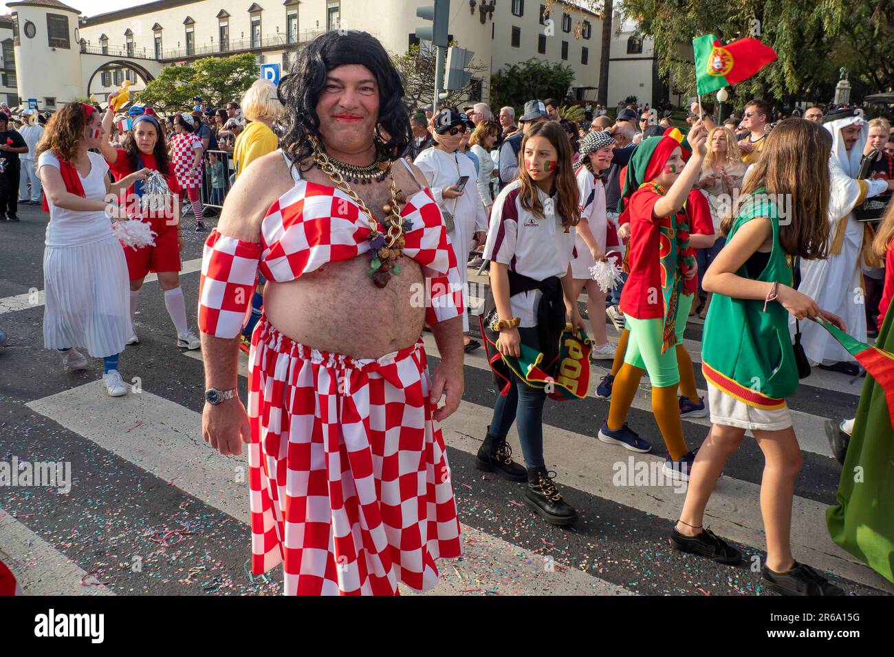 The February Slapstick Carnival 2023, Funchal, Madeira, Portugal. Man in red dress