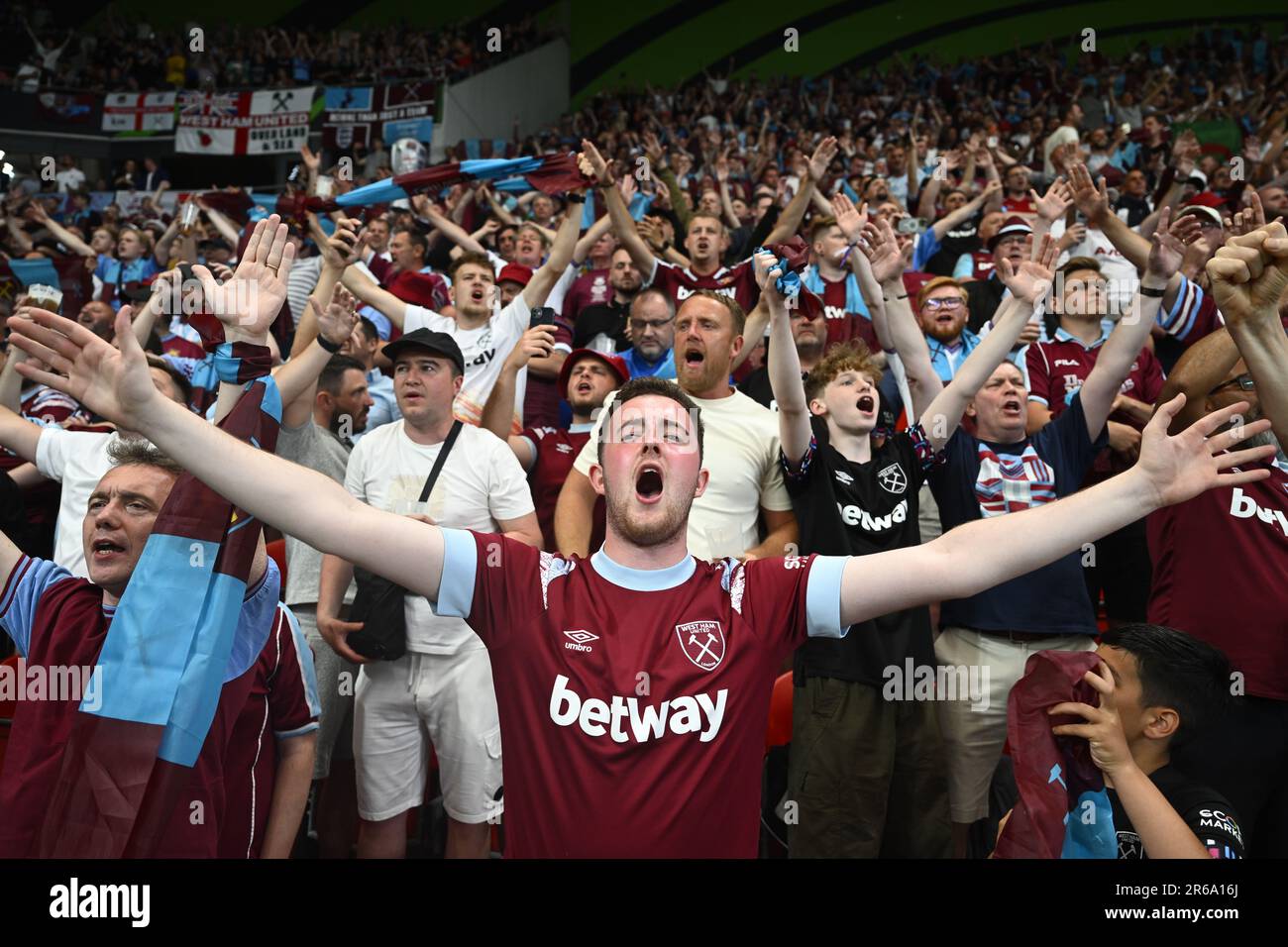 Prague, Czech Republic. 07th June, 2023. West Ham United fans watch the