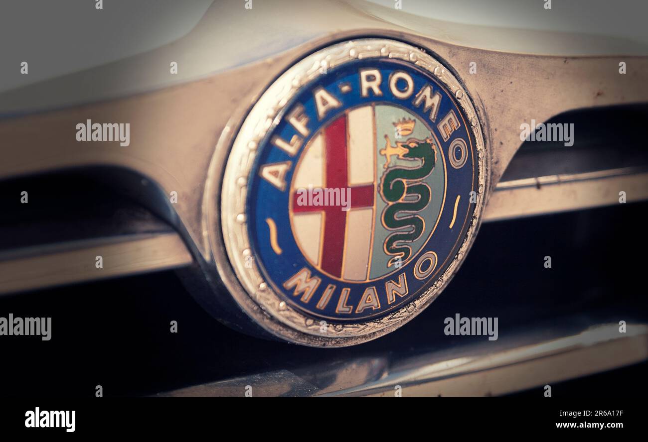 Alfa Romeo classic logo Badge closeup Stock Photo