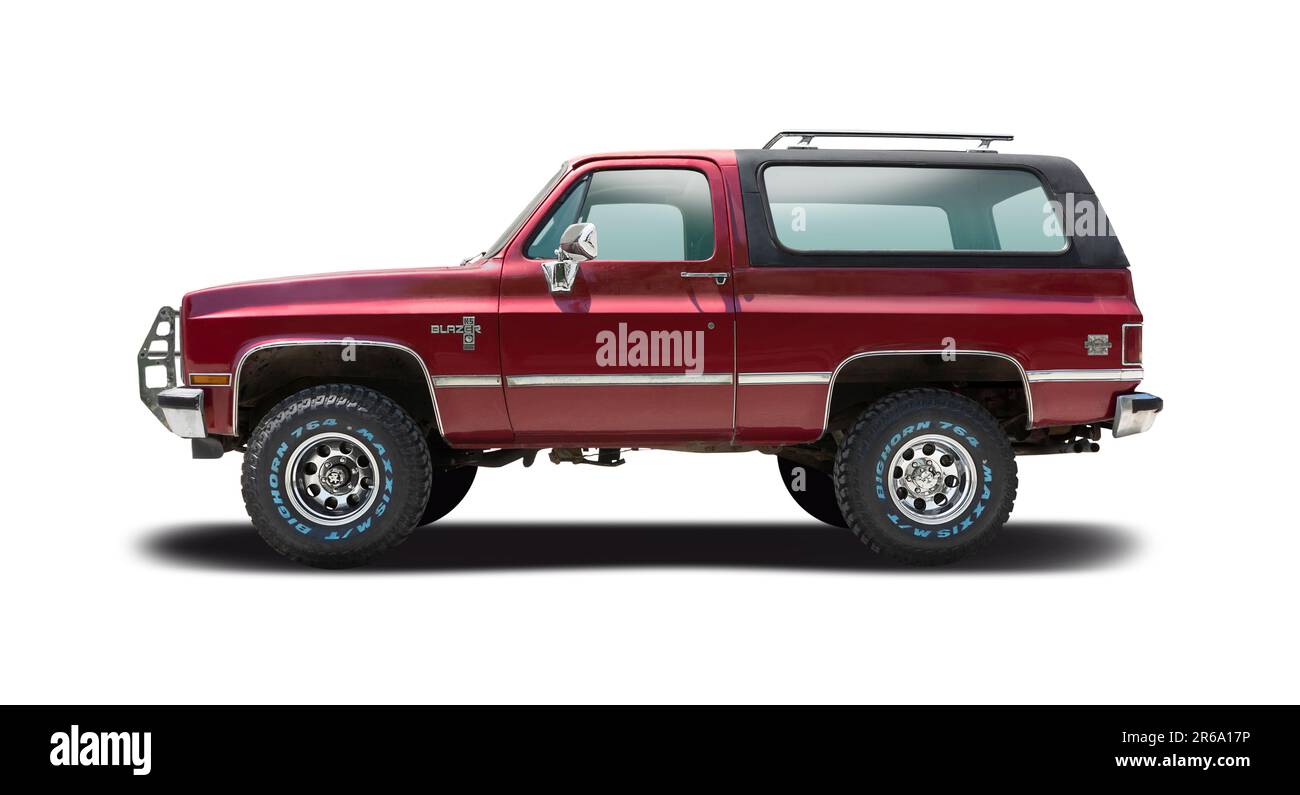 Chevrolet Blazer classic truck, side view isolated on white background Stock Photo