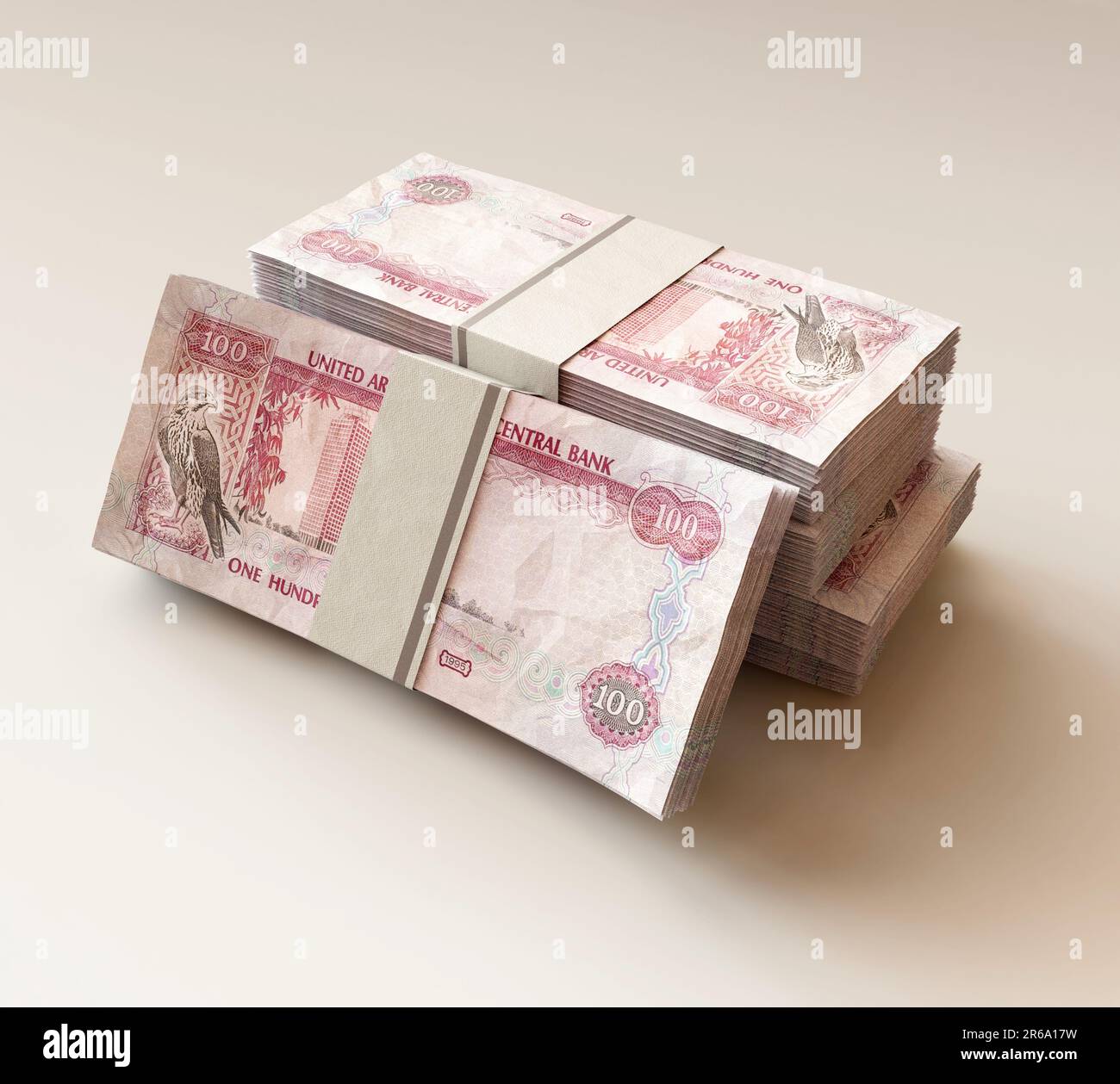 A stack of bundled UAE dirham banknotes on an isolated light background - 3D render Stock Photo