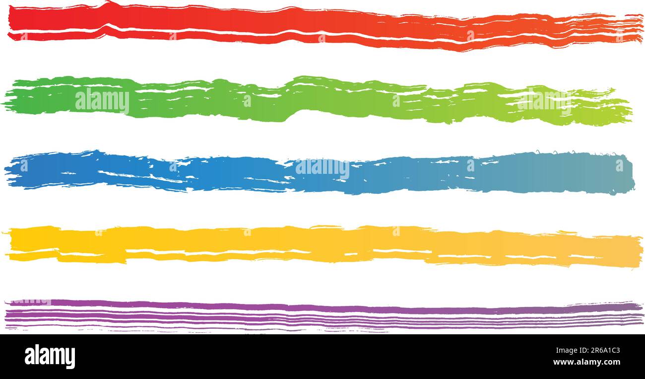 Set of five rough color brush strokes. Each vector brush stroke on