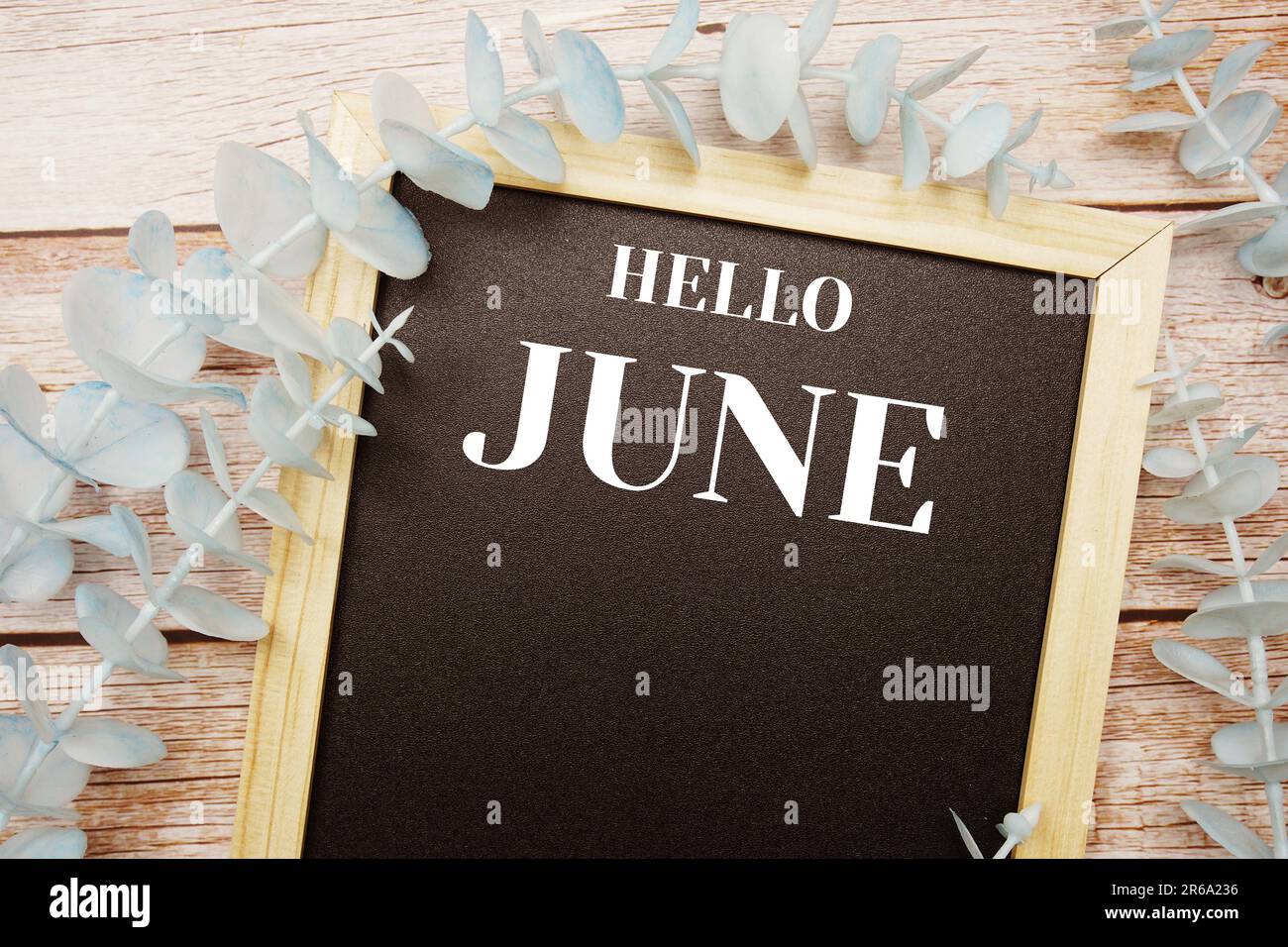 Hello June typography text on blackboard background Stock Photo - Alamy