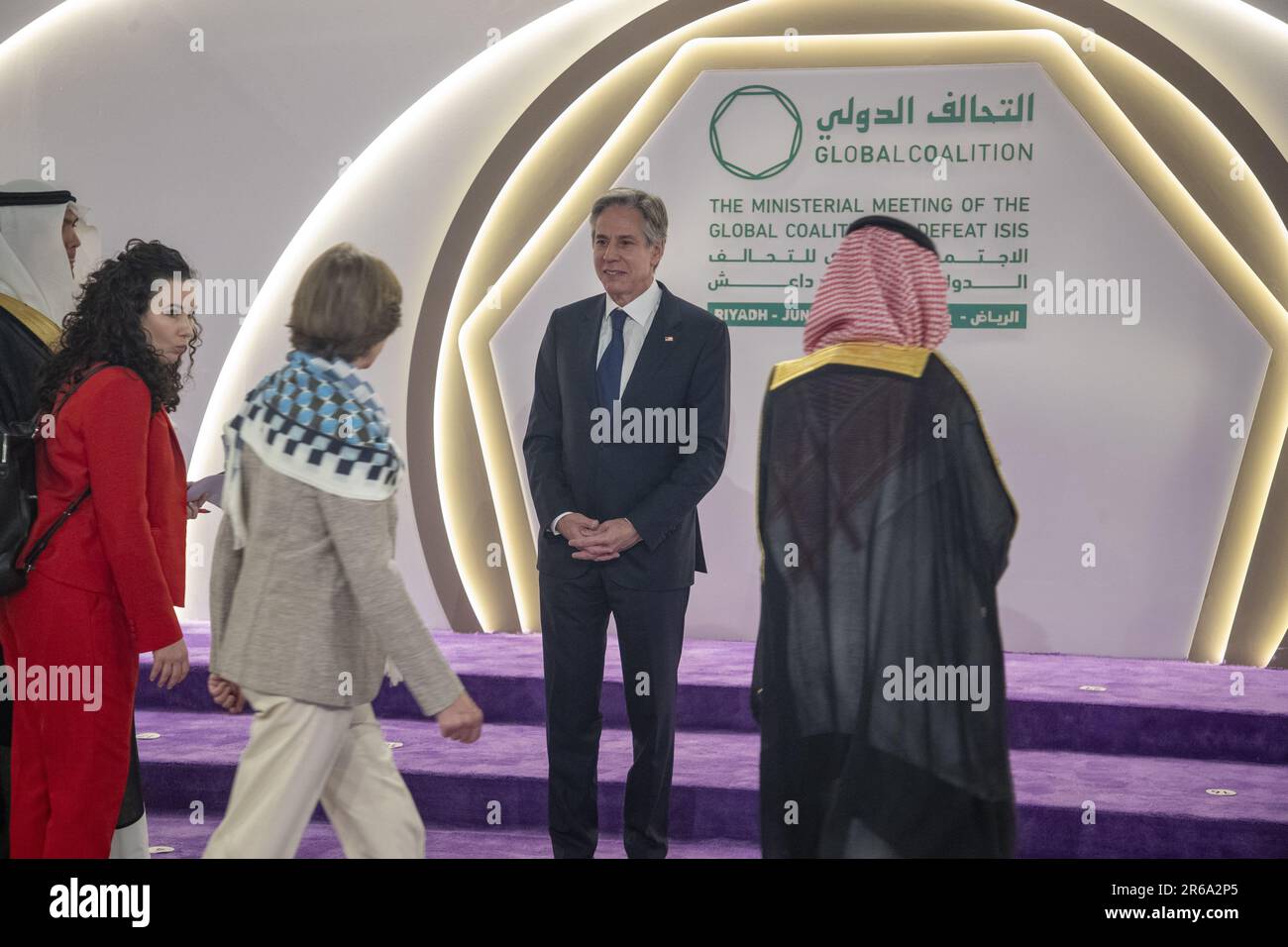 Riyad, Saudi Arabia. 08th June, 2023. French Minister of Foreign Affairs Catherine Colonna and US State Secretary Antony J. Blinken pictured during a ministerial meeting of the 'Global Coalition against Daesh' (IS), in Riyad, Saudi-Arabia, Thursday 08 June 2023. Belgium is one of the key-members of this coalition. BELGA PHOTO NICOLAS MAETERLINCK Credit: Belga News Agency/Alamy Live News Stock Photo