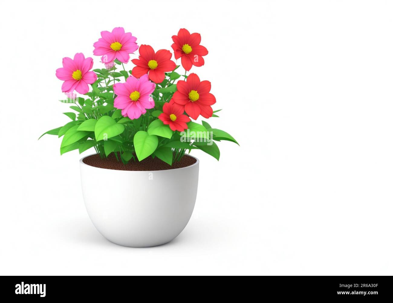 3d beautiful flower, nature flowers and plant pot illustration isolated on white background, copy space Stock Photo