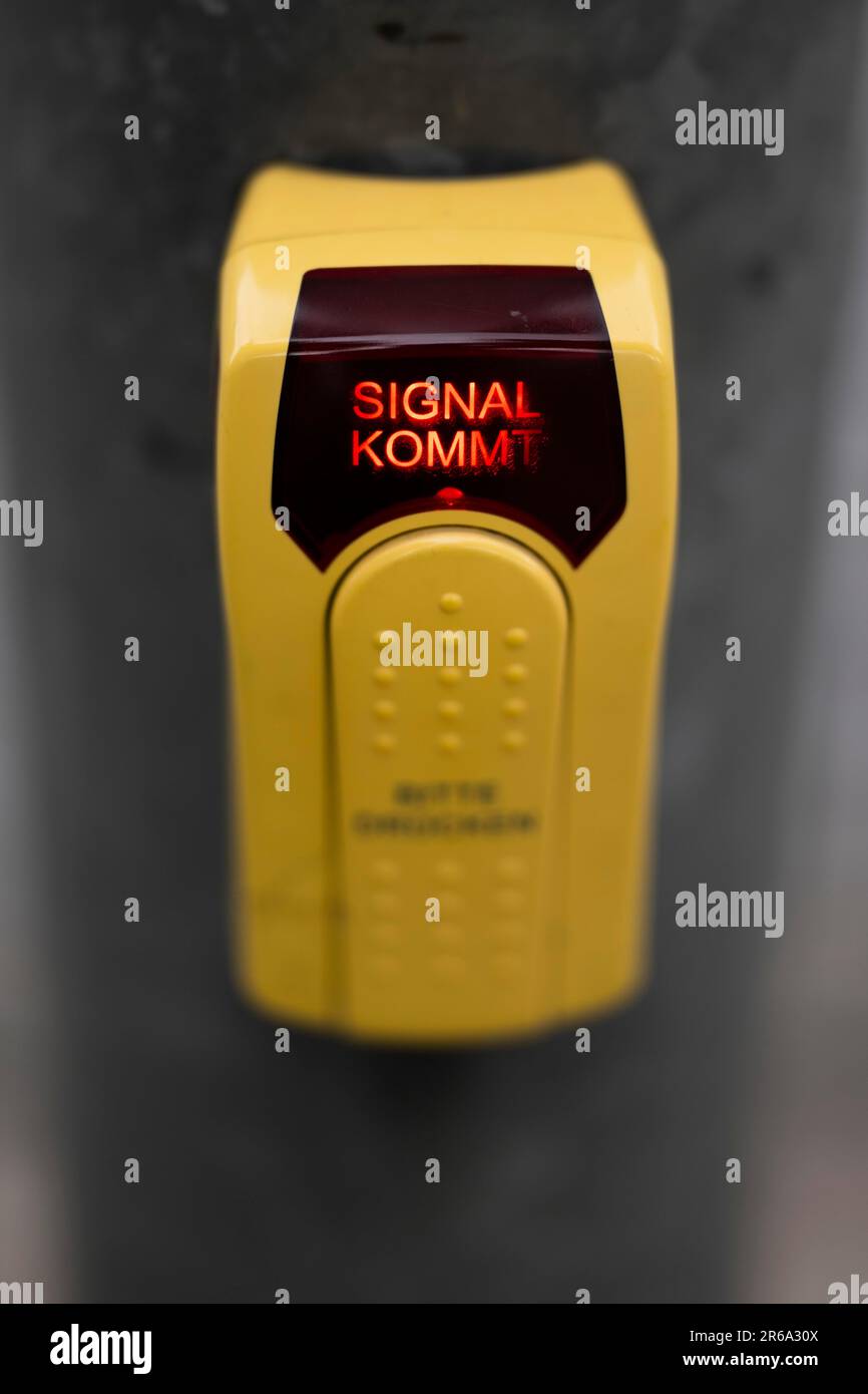 Pedestrian button, red lit indicator signal coming, switch pedestrian ...