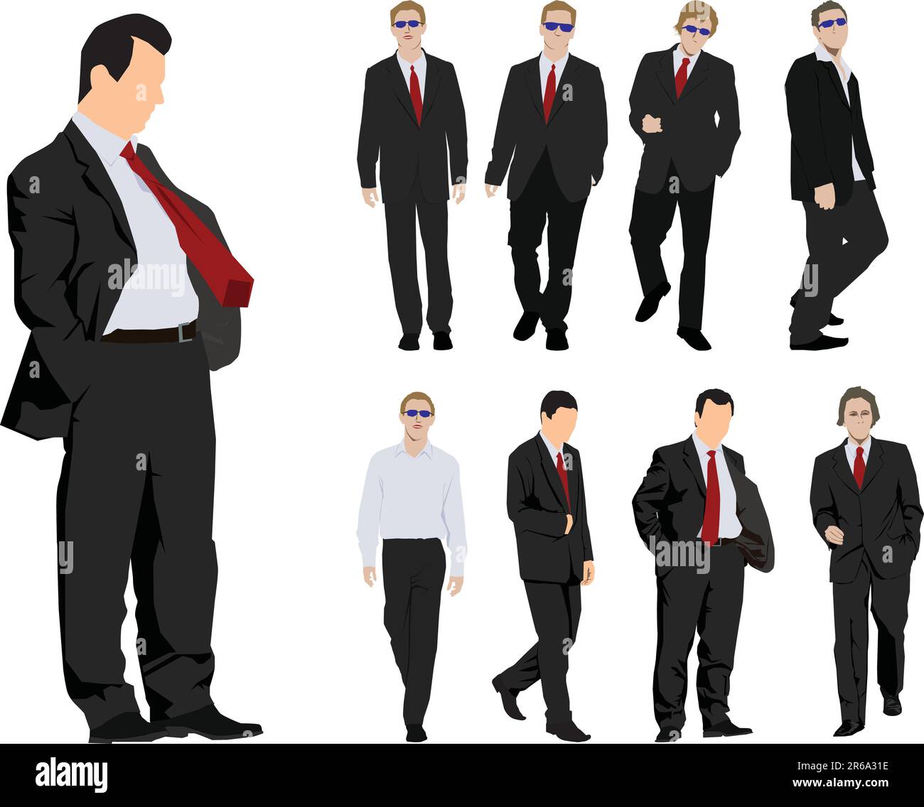 Group of nine powerful businessmen. Colour vector silhouette Stock