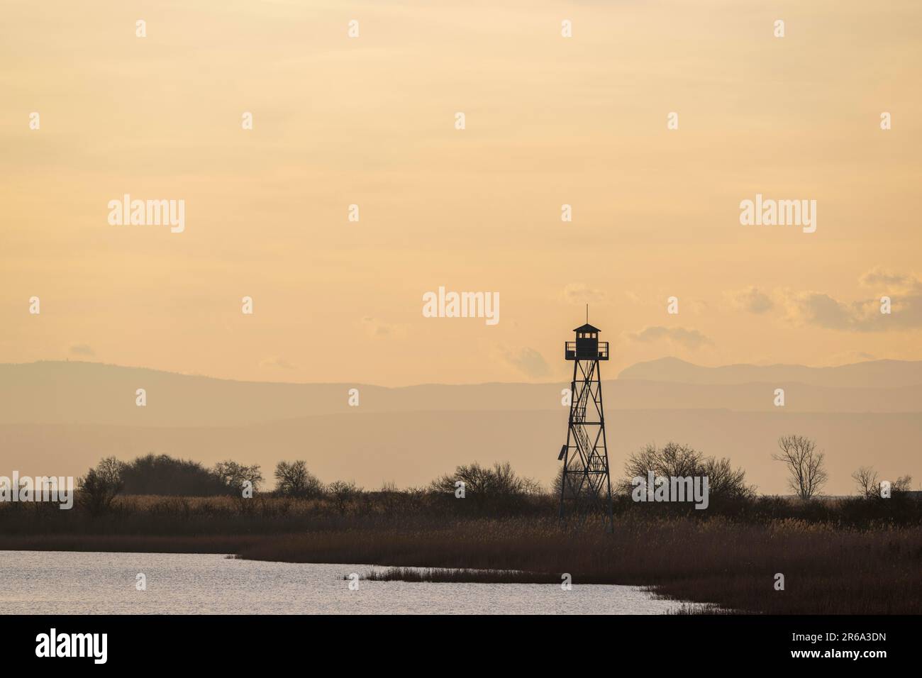 Sunset in the Mexikopuszta, Mexikopuszta, Lake Neusiedl Seewinkel National Park, Fertoe-Hansag Nemzeti Park, Fertoe-Hansag, Hungary Stock Photo