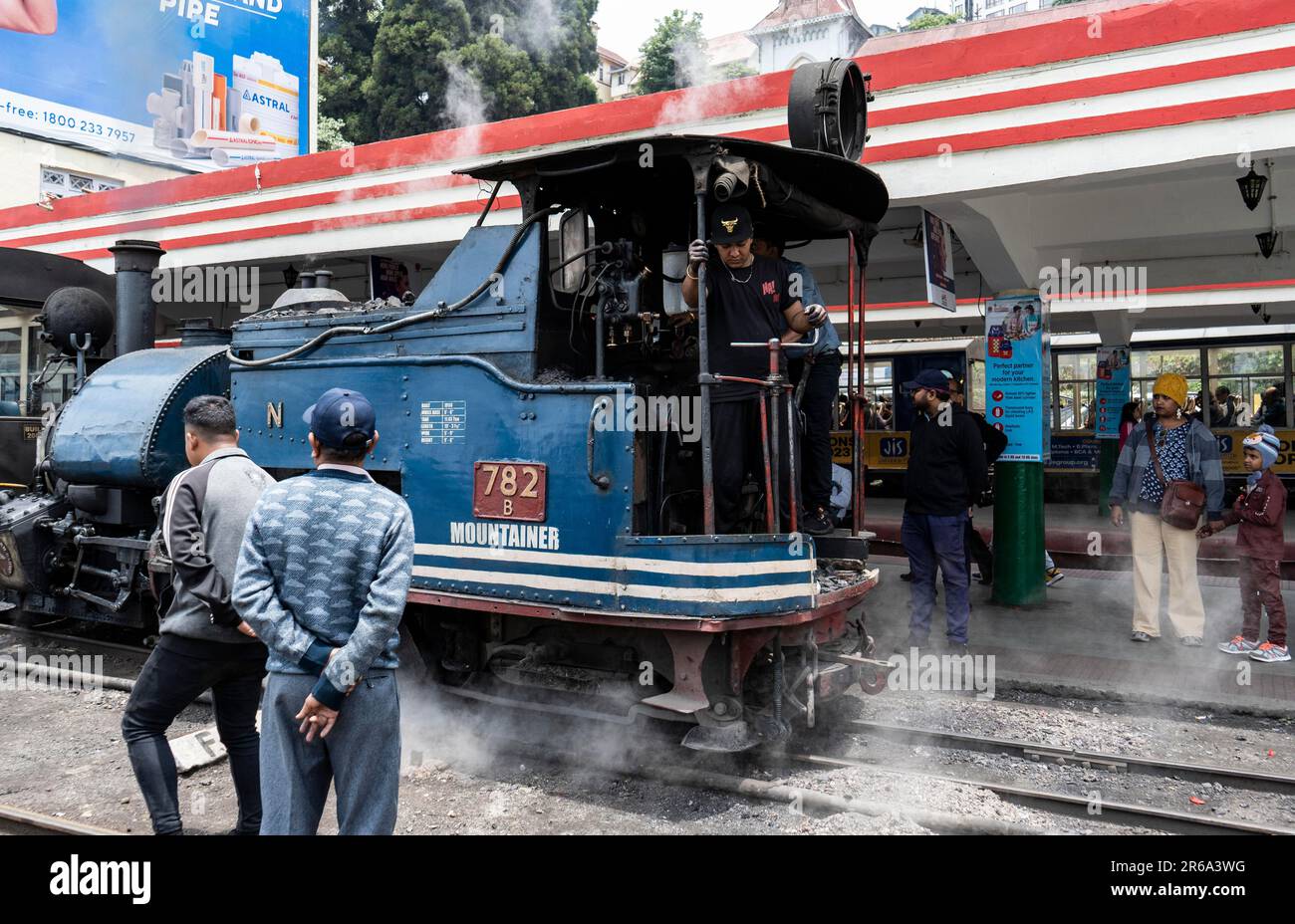 DARJEELING, INDIA, MAY 25: A steam loco engined toy train of Darjeeling Himalayan Railway (DHR) at Darjeeling Railway station, on May 25, 2023 in Stock Photo