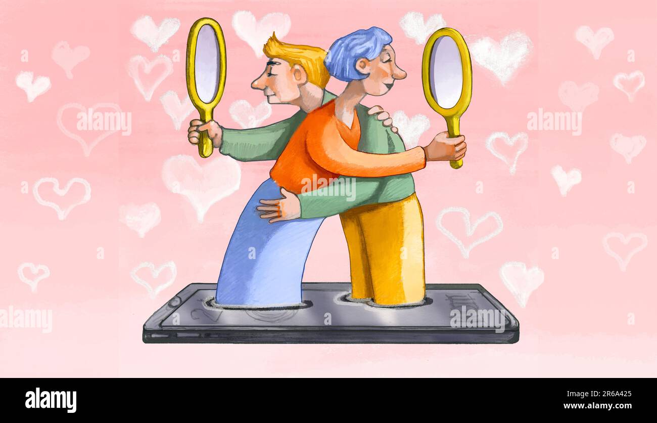 a man and a woman immersed in a smartphone hug each other but look in a mirror instead of looking at each other, a virtual reality metaphor that leads Stock Photo