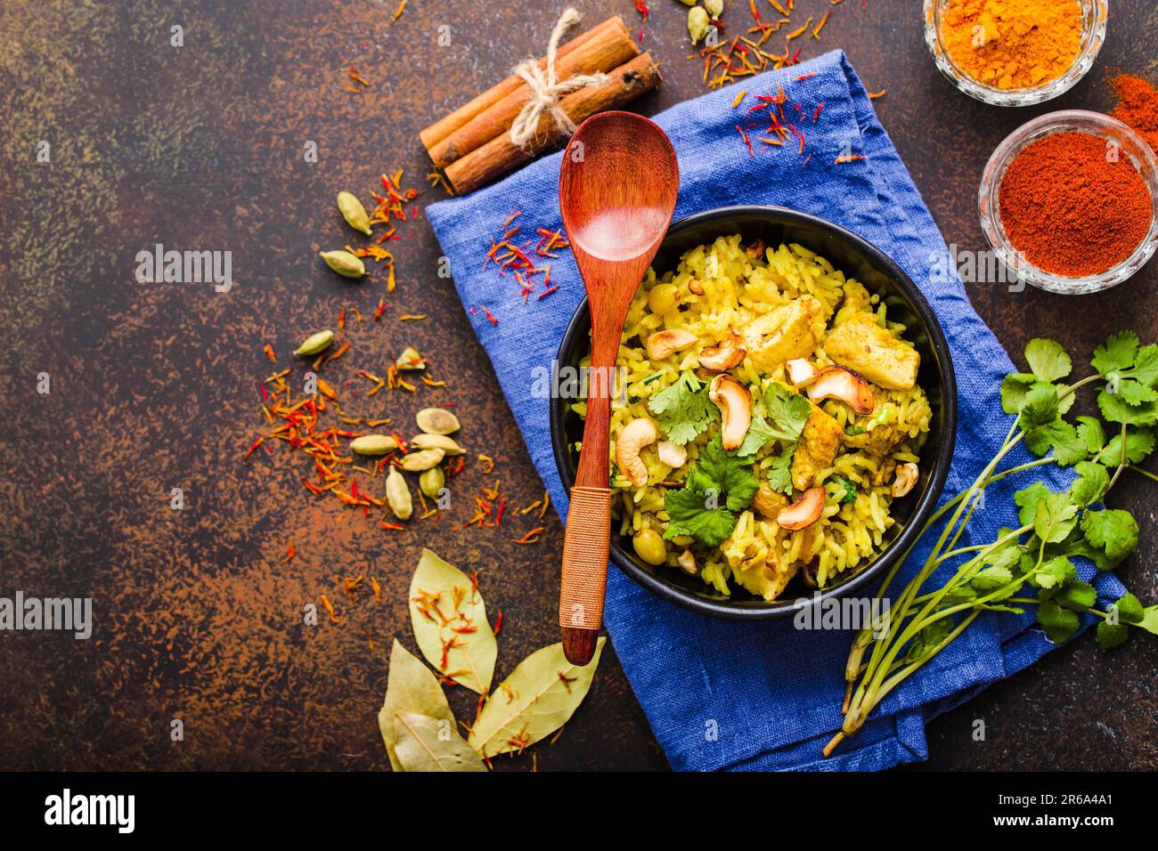 Biryani rice, traditional Indian dish. Biryani spicy rice, chicken