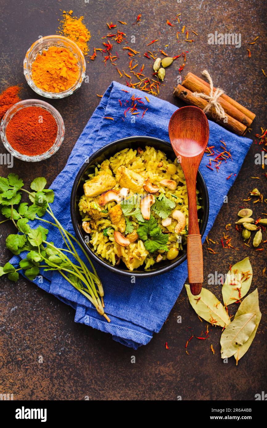 Biryani rice, traditional Indian dish. Biryani spicy rice, chicken